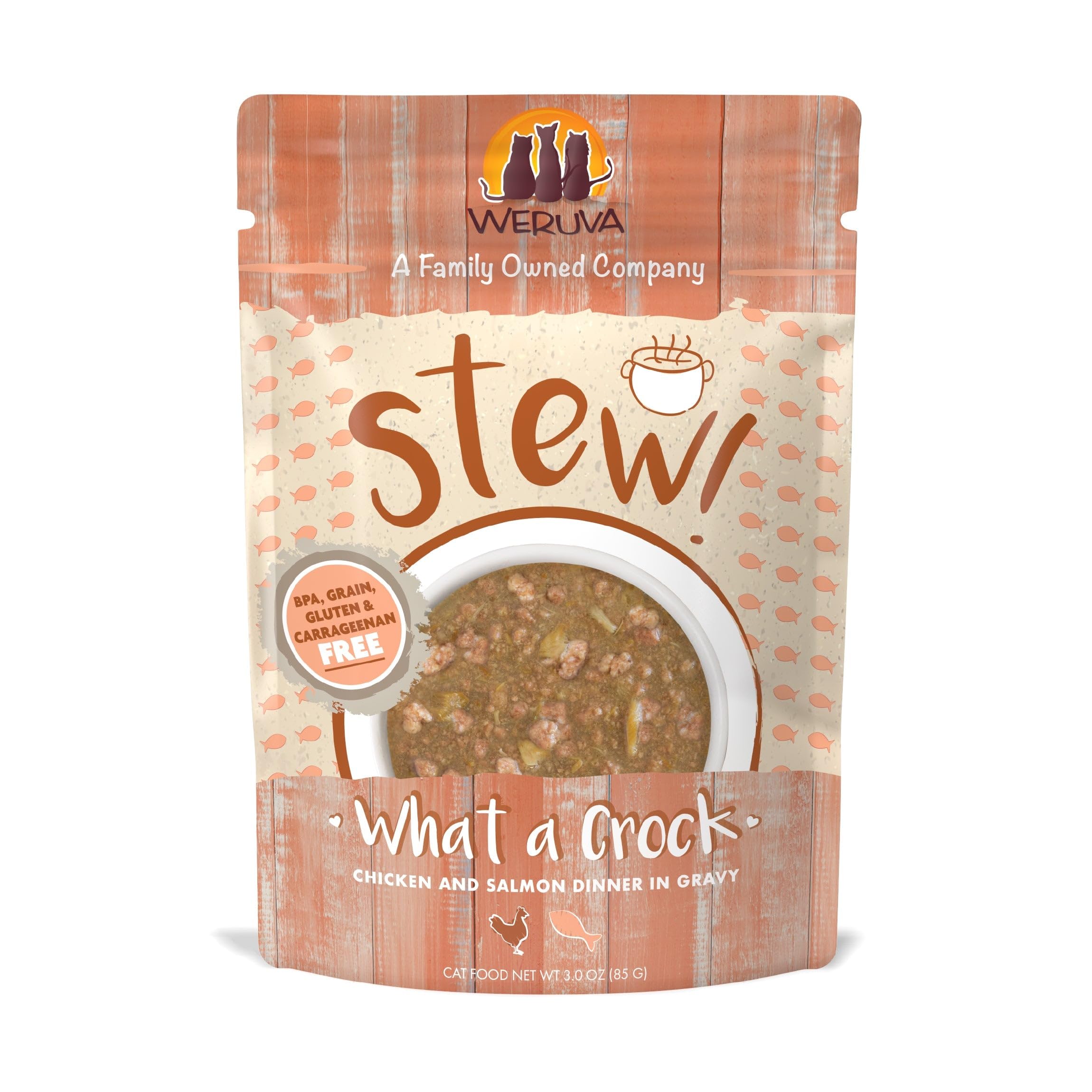 Weruva Classic Cat Stews - Chicken & Salmon in Gravy, Grain-Free Wet Cat Food, 3oz Pouch (Pack of 12) - Perfect for Senior Cats & Picky Eaters at Mealtime