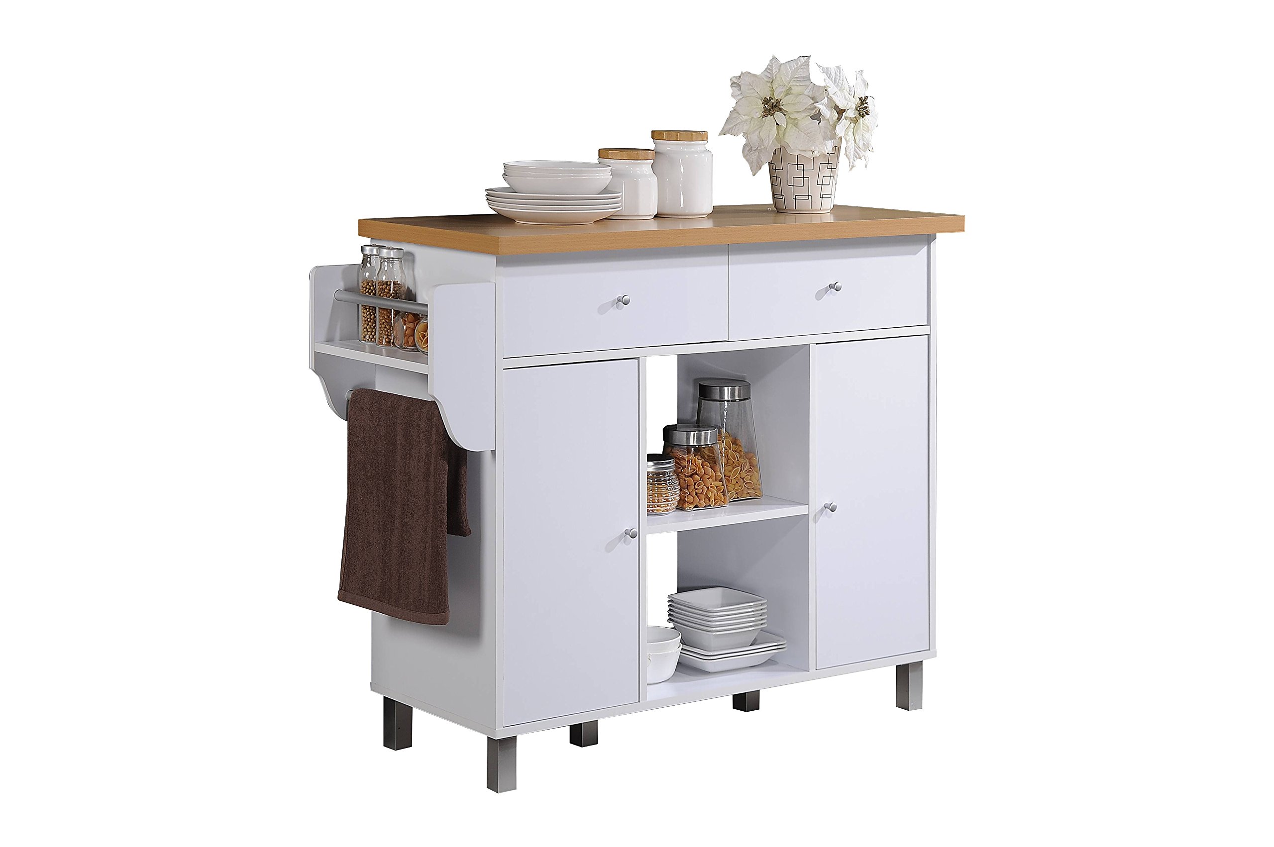 Hodedah Import Kitchen Island with Spice Rack & Towel Rack - White Wooden Storage Cabinet for Small Spaces, Perfect for Apartments and Compact Kitchens