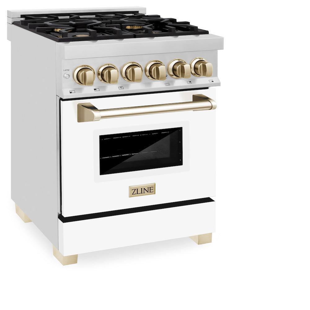 ZLINE Autograph Edition 24-inch 2.8 cu. ft Dual Fuel Range - Stainless Steel Gas Cooktop with 4 Burners & Electric Convection Oven - White Matte Door & Polished Gold Accents (RAZ WM 24 G) | Perfect for Modern Kitchens, Home Chefs & Luxury Appliance Upgrades