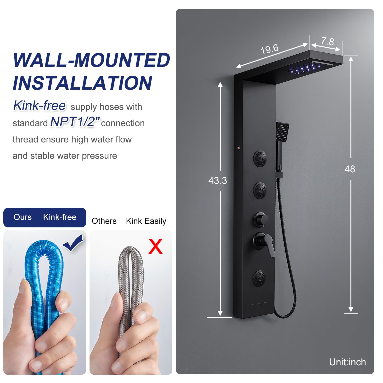 ROVATE 5-in-1 Matte Black LED Shower Panel Tower System with Rainfall Shower Head, High Pressure Waterfall Jets, Handheld Spray & Tub Spout - Luxury Stainless Steel Shower System for Spa-Like Bathroom Experience