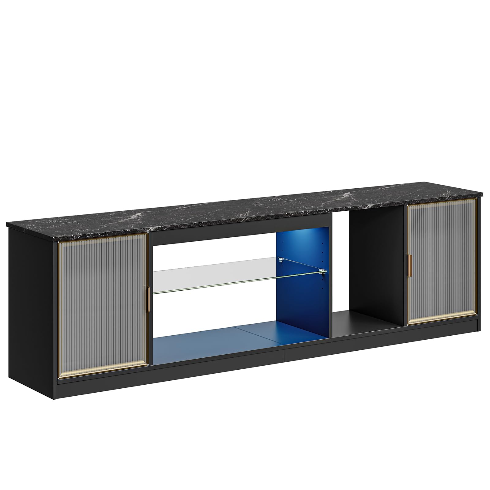Bestier 80 Inch Gaming TV Stand with Adjustable Glass Shelf & Storage Cabinet - Modern Black Marble Entertainment Center for PS5, Xbox & Living Room - Perfect for Gaming Setups & Home Theater Systems