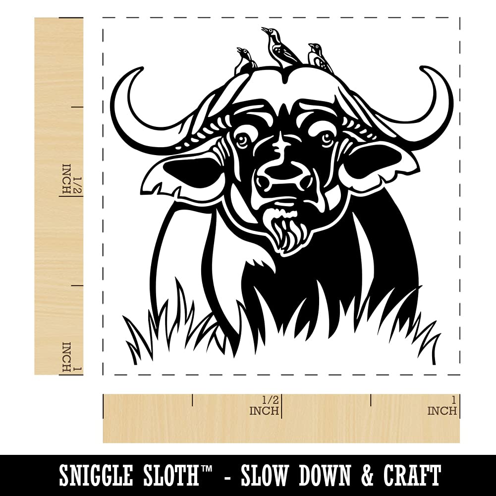 African Cape Buffalo with Oxpecker Birds Self-Inking Rubber Stamp - 1 Inch Small Stamp with Black Ink - Perfect for Scrapbooking, Card Making & DIY Crafts