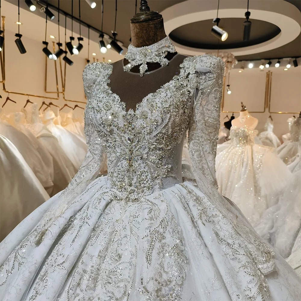 Vintage Glitter Long Sleeve Pleated Ball Gown Backless Wedding Dress - Elegant Evening Gown for Prom, Bridal Party & Formal Events