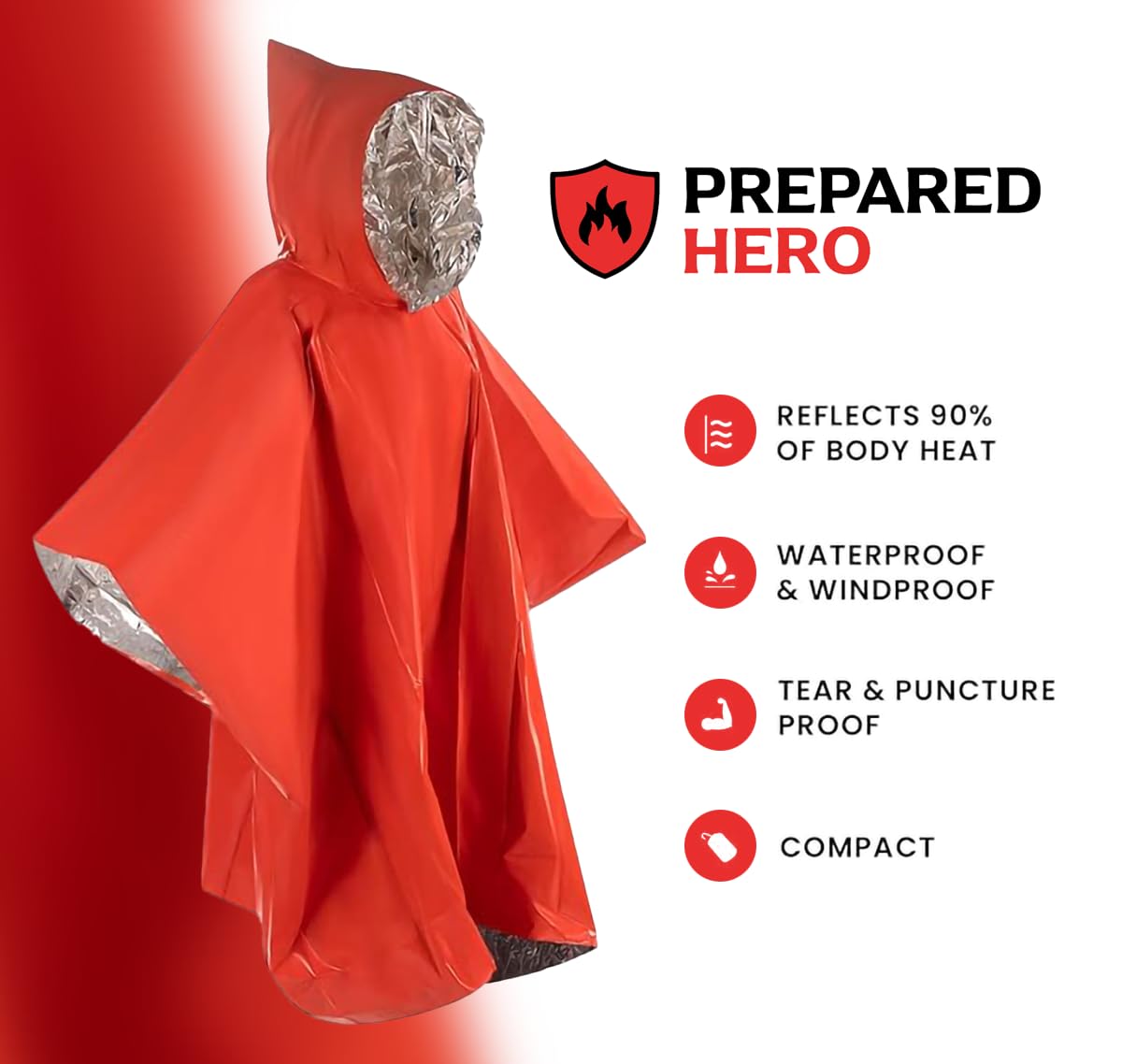 Hero Prepared Survival Tool Poncho - Waterproof & Heat Insulated for Camping, Hiking, Emergency Preparedness - Perfect for Outdoor Adventures & Survival Kits