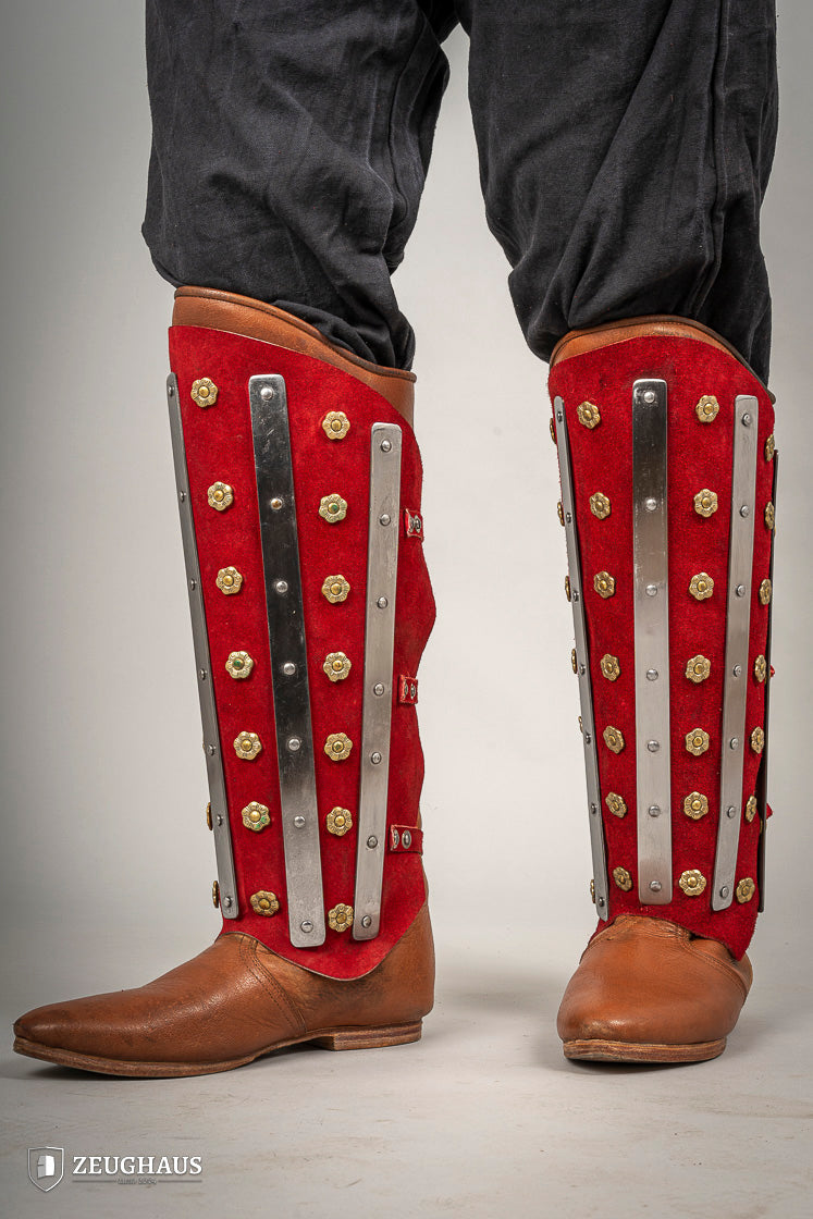 Premium Splinted Suede Leather Greaves - Red Medieval Armor Leg Protection for LARP, Cosplay & Renaissance Faires