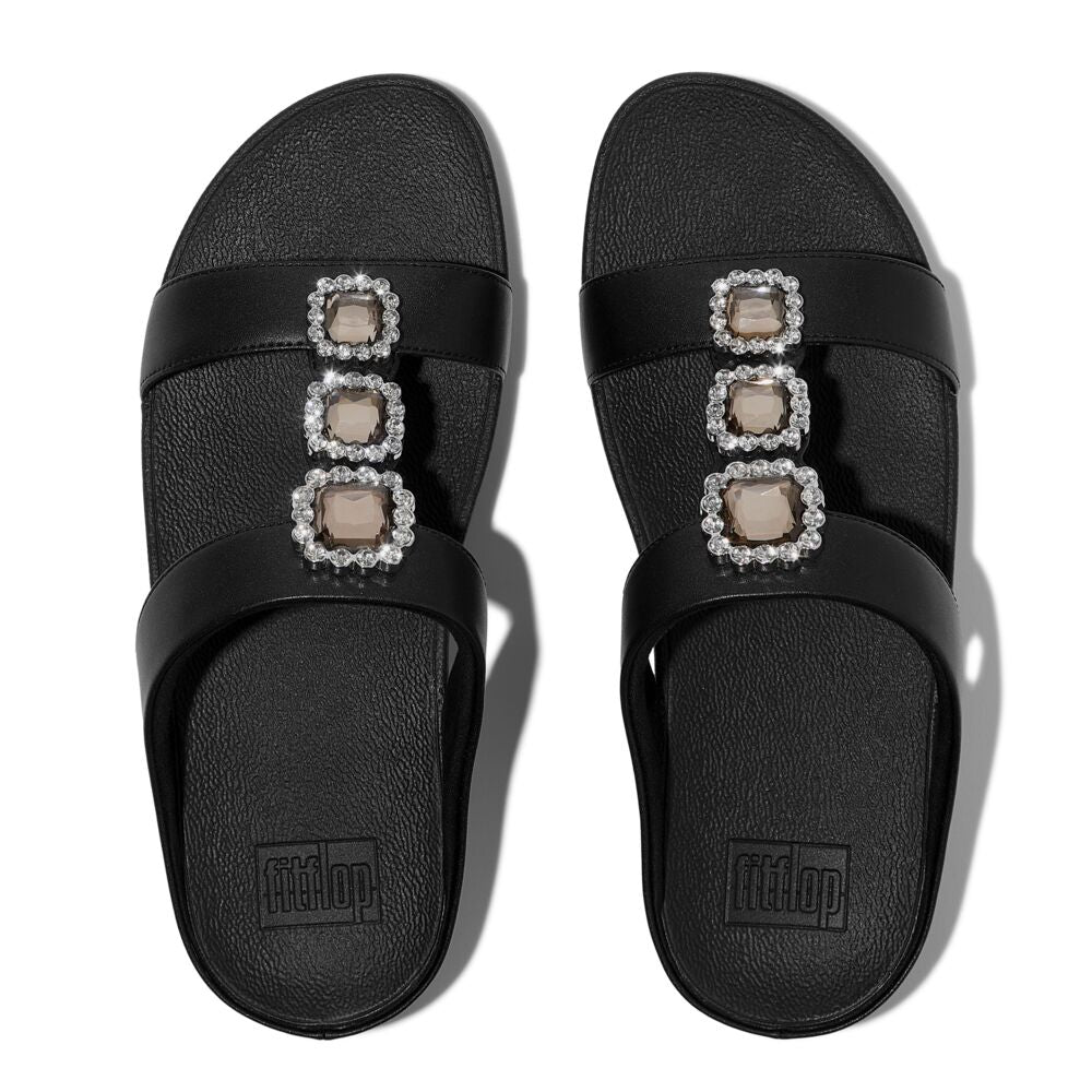 FitFlop Fino Crystal Jewel H Bar Slide Sandals for Women - All Black | Comfortable Summer Beach Sandals with Crystal Accents for Casual Wear & Vacation