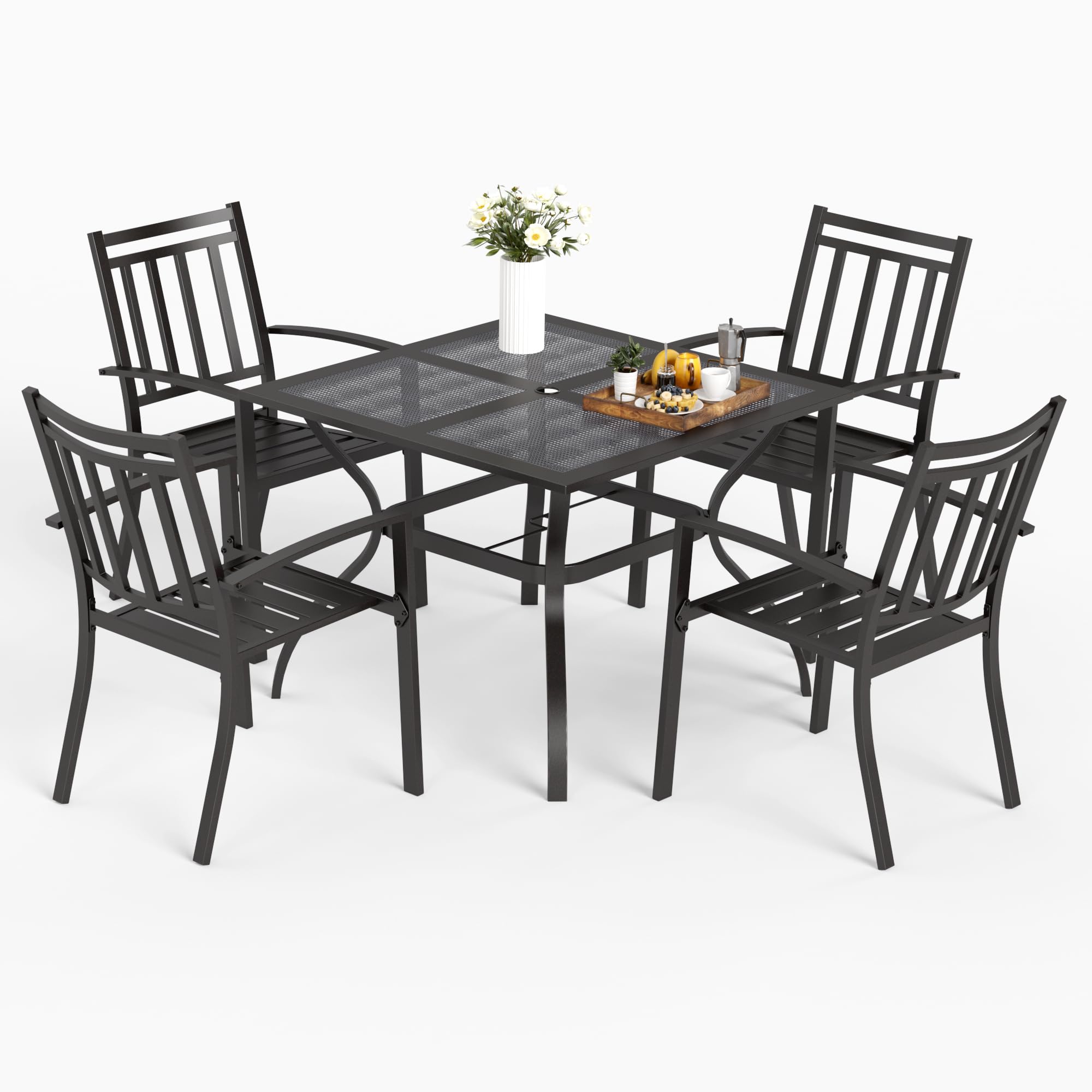MFSTUDIO 5-Piece Outdoor Patio Dining Set - 4 Stackable Metal Slat Arm Chairs & 1 Square Metal Table - Durable Garden Furniture for Backyard, Lawn, Poolside & BBQ Gatherings
