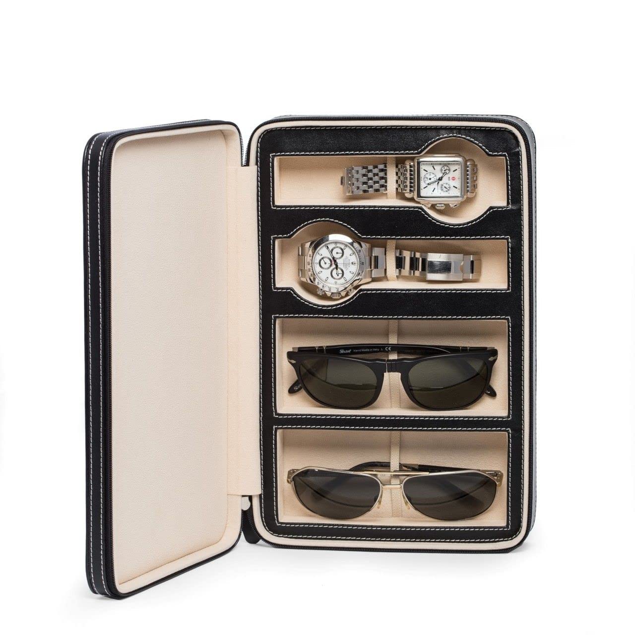 Premium Brown Leather Travel Case for 2 Watches & 2 Eyeglasses - Compact Organizer for Business Trips, Vacations & Daily Storage | Durable Watch & Eyeglass Holder for Men & Women