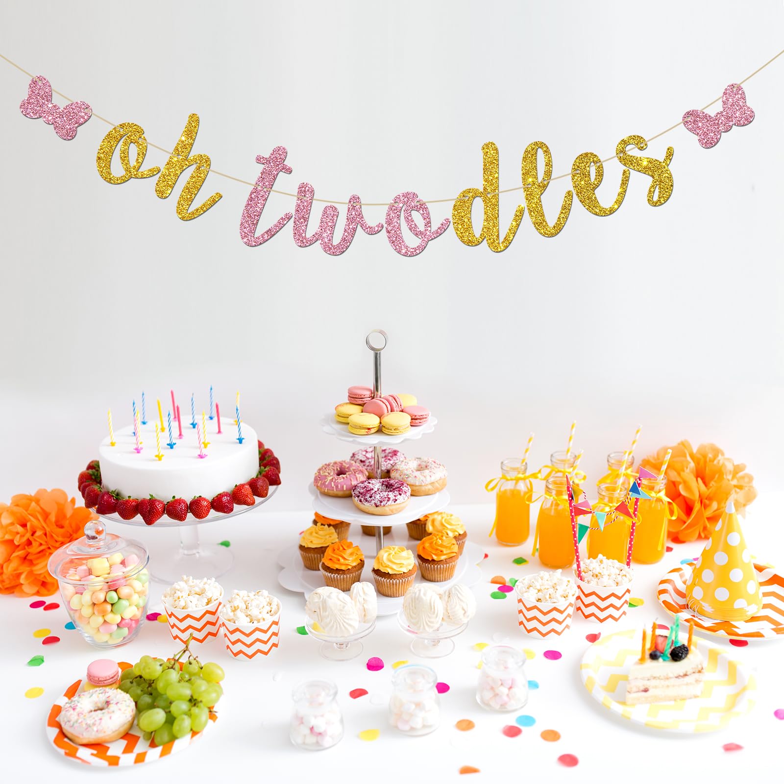 INNORU Oh Twodles Happy 2nd Birthday Banner - Pink & Gold Glitter Cartoon Mouse Theme Party Decorations for Girls - Perfect for Birthday Party, Baby Shower, and Special Celebration Decor