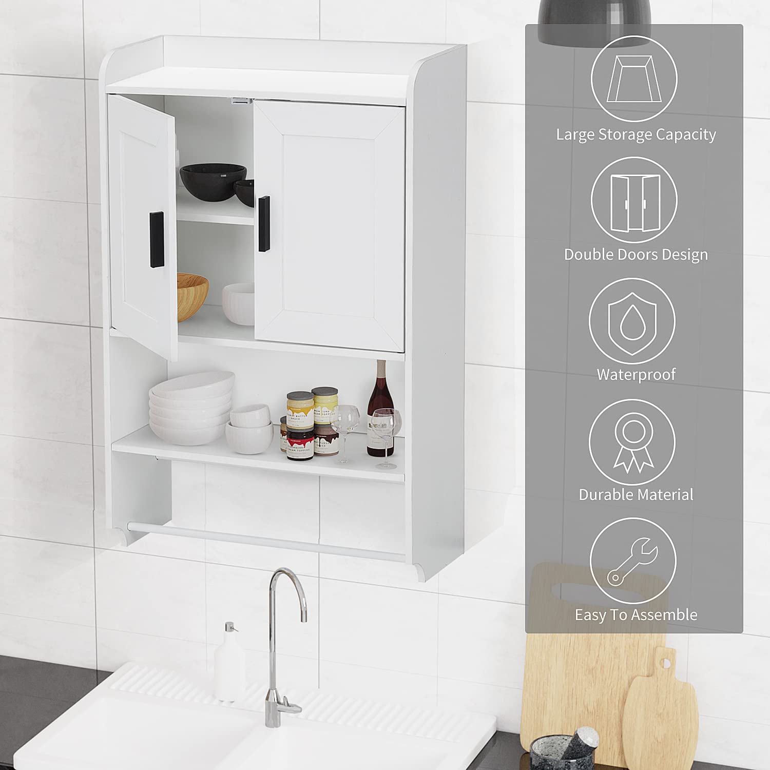 Wooden Over The Toilet Bathroom Wall Cabinet with Adjustable Shelves & Towel Bar - Wall Mounted Medicine Storage Cabinet for Bathroom Organization - Perfect for Small Bathrooms, Apartments & Powder Rooms