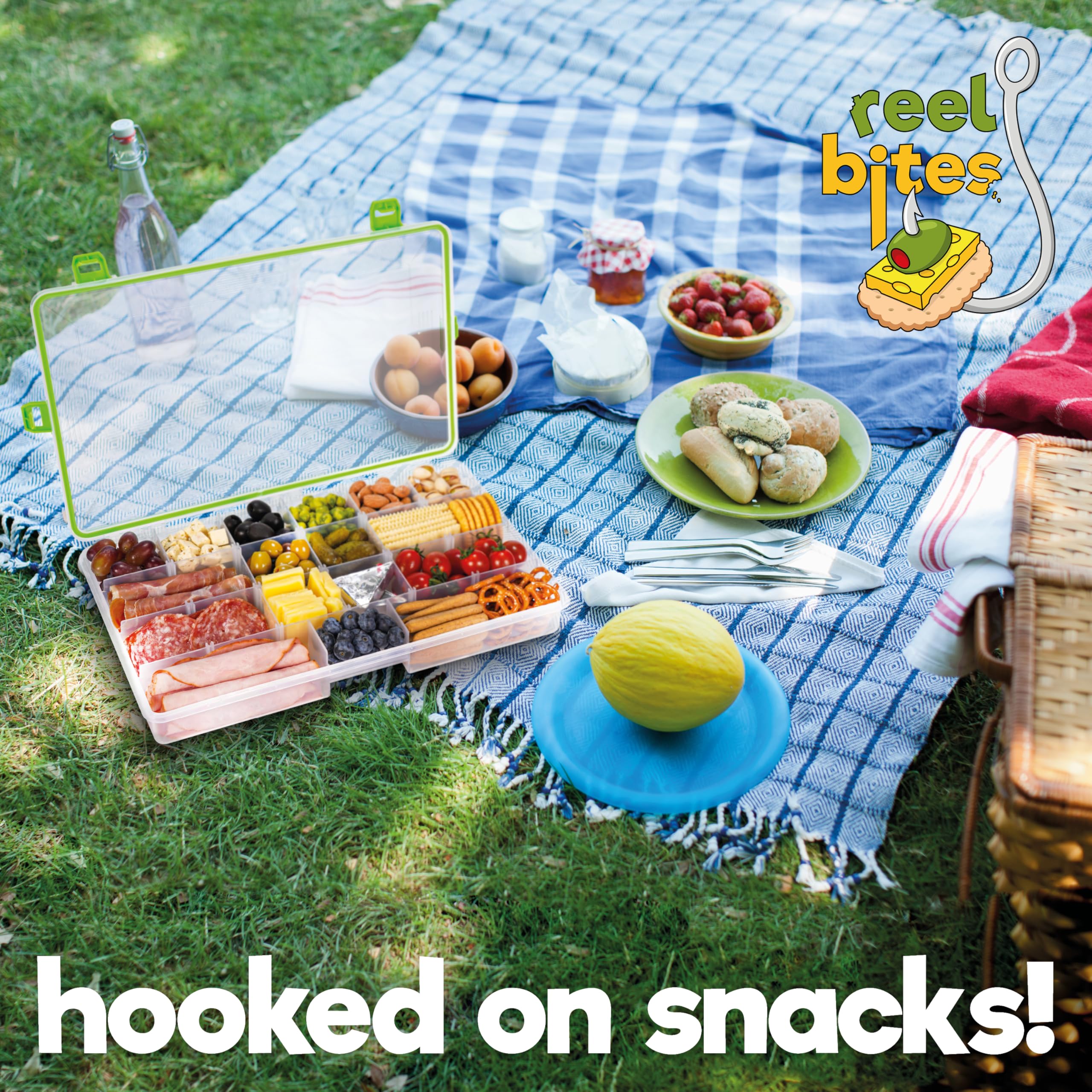Reel Bites Snackle Box - Portable Travel Snack Container with Lid | Leak-Proof Snack Tray & Charcuterie Box for Picnics, Road Trips & Outdoor Adventures (Regular Size)