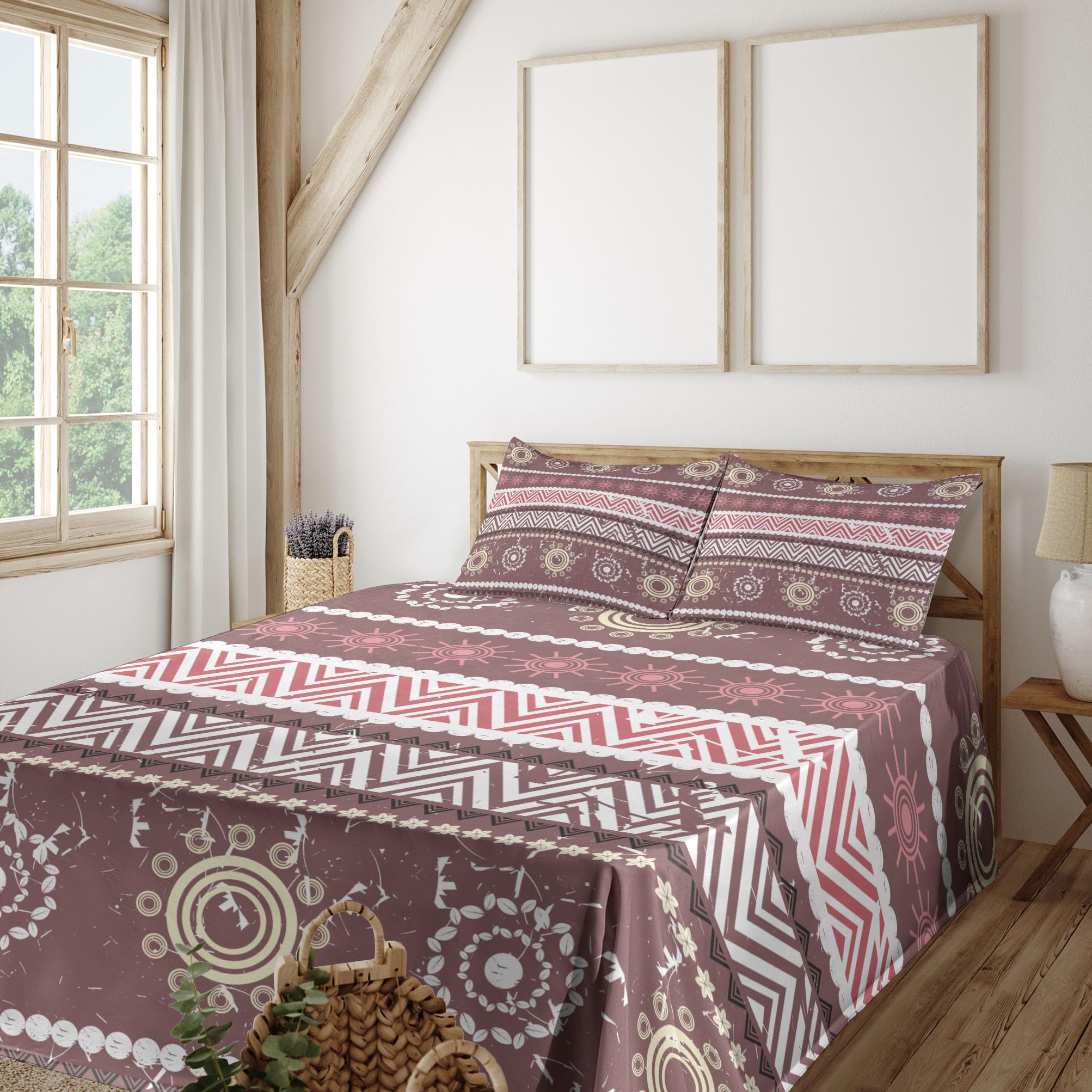 Ambesonne Zambia 4-Piece King Size Sheet Set - Antique Traditional Boho Sun Pattern in Earthen Tones, Dried Rose Yellow | Soft Bed Sheets with Fitted Sheet, Flat Sheet & Pillowcases | Perfect for Bohemian Bedroom Decor, Guest Room & Cozy Home Styling