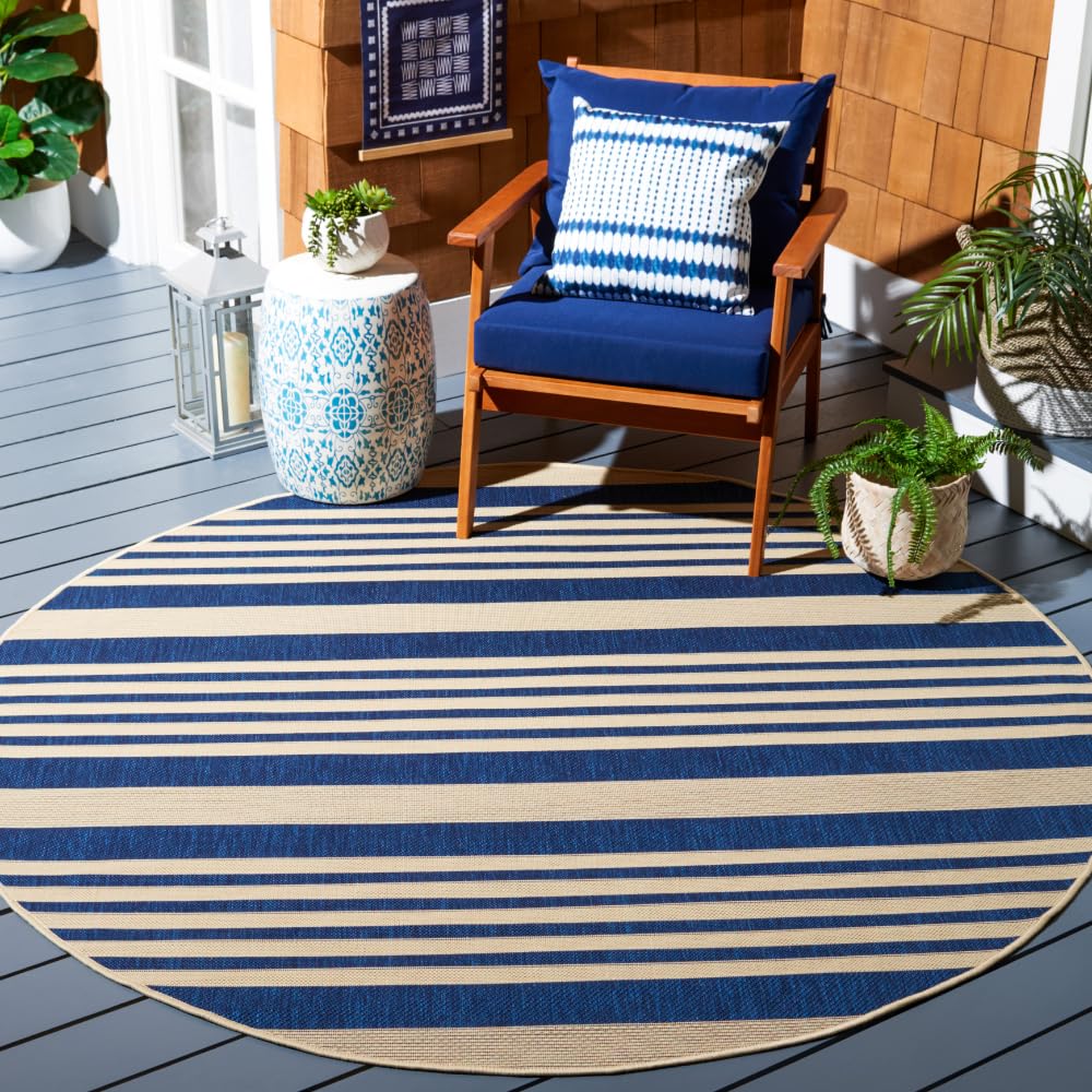 SAFAVIEH Courtyard Collection 7'1 Round Navy & Beige Indoor Outdoor Area Rug - Non-Shedding, Washable, Easy Care - Perfect for Patio, Backyard, Mudroom, Living Room & Bedroom (CY6062-268)