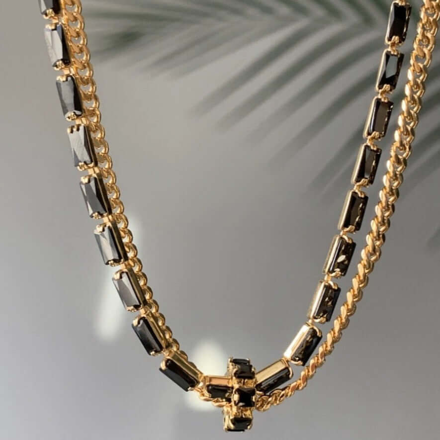 Black and Gold Layered Tennis Chain Necklace for Men & Women | 18K Gold Plated Stainless Steel Hip Hop Jewelry | Perfect for Parties, Gifts & Everyday Wear (QT2203)