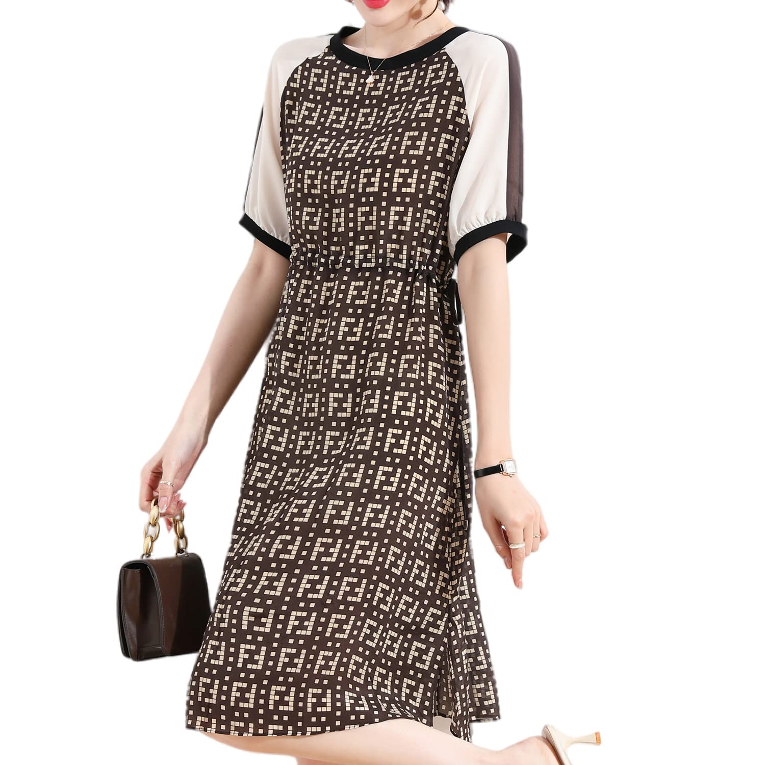 Women's 100% Silk Patchwork Dress - Crew Neck Casual Beach Dress for School, Party & Summer Outings | Perfect for Beach Vacations, Date Nights & Casual Wear