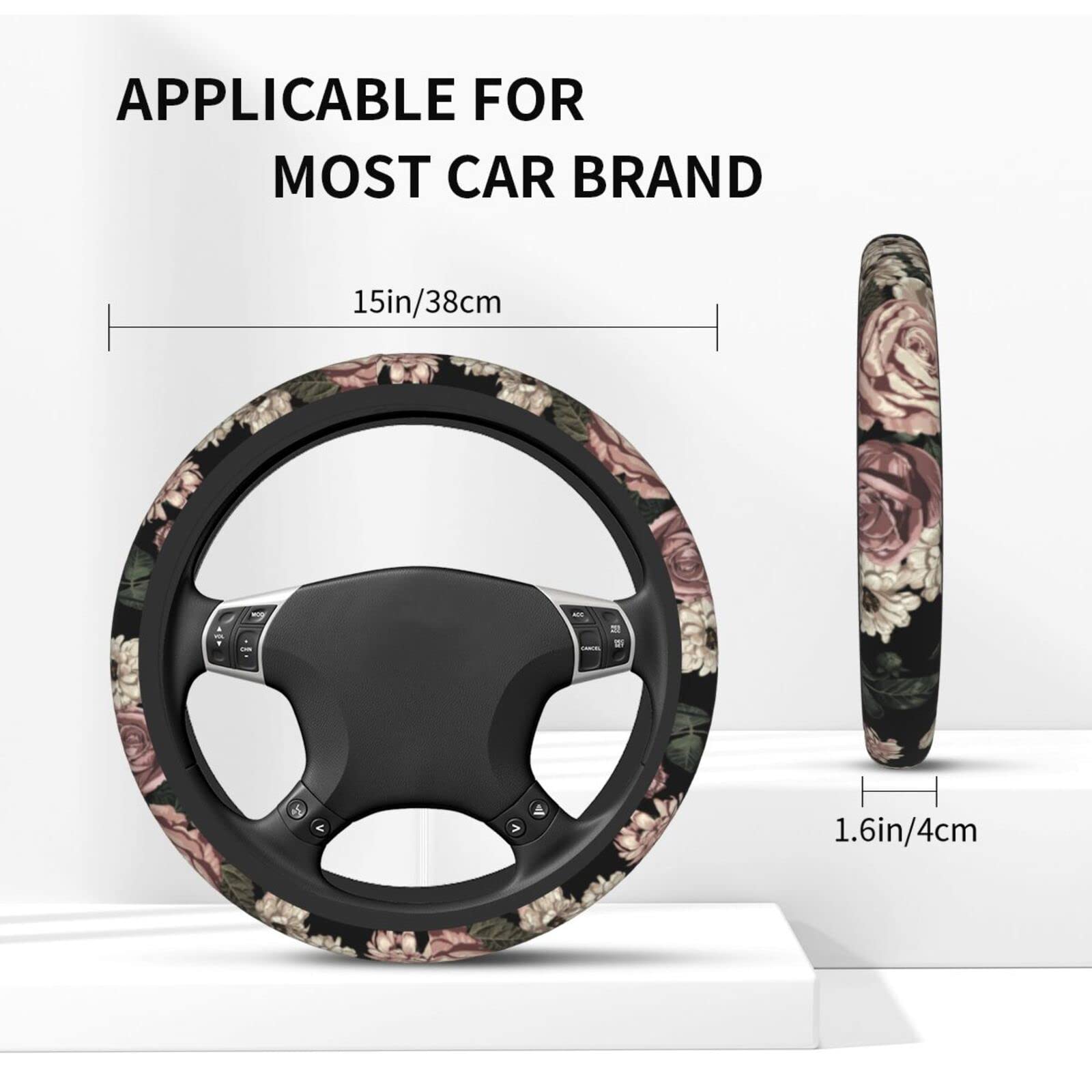 15 Inch Universal Elegant Rose Flower Steering Wheel Cover - Retro Floral Print Neoprene Car Wheel Protector - Cute Automotive Accessory for Women's Cars - Perfect for Daily Commute & Road Trips