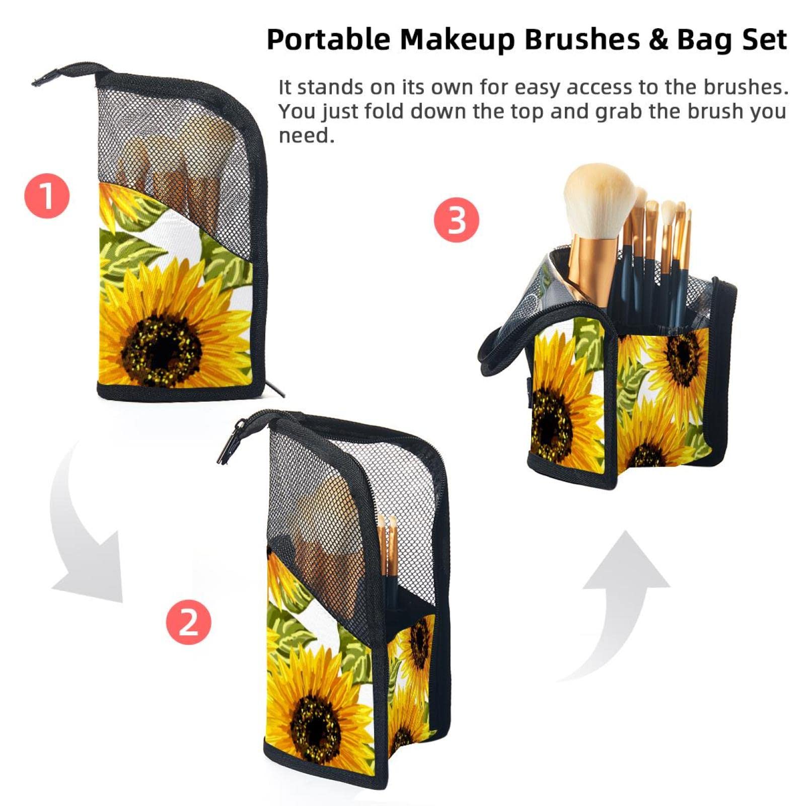 Floral Sunflower Makeup Brush Organizer Bag with 12 Brushes - Portable Travel Cosmetic Brush Holder Case for Professional Makeup Artists & Home Vanity Storage