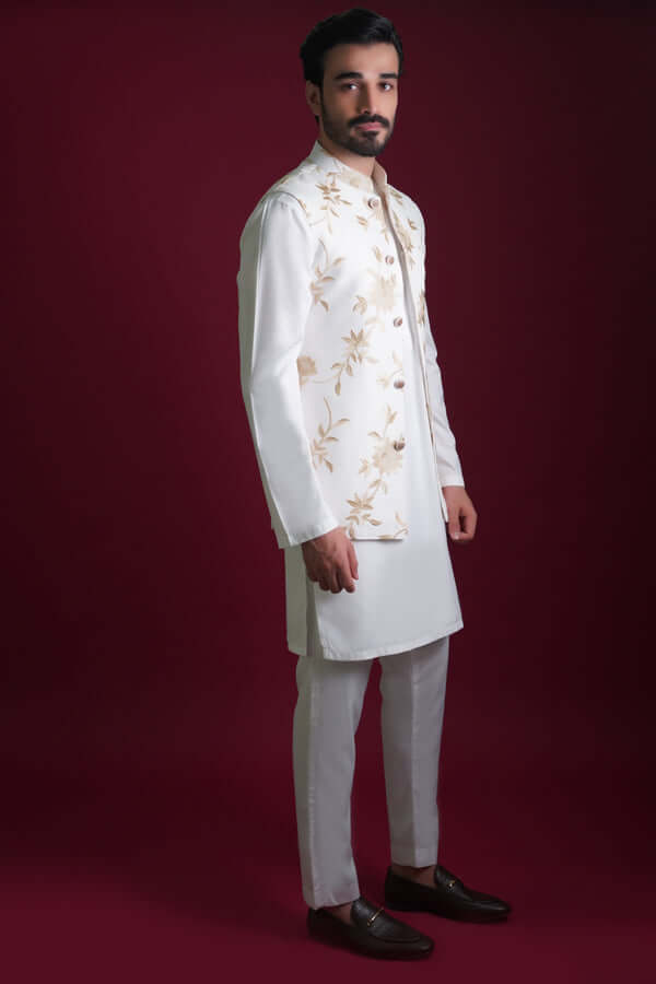 Elegant Ghalib Off White & Gold Embroidered Waistcoat Set for Men | Premium Formal Vest with Intricate Embroidery | Perfect for Weddings, Parties & Special Occasions