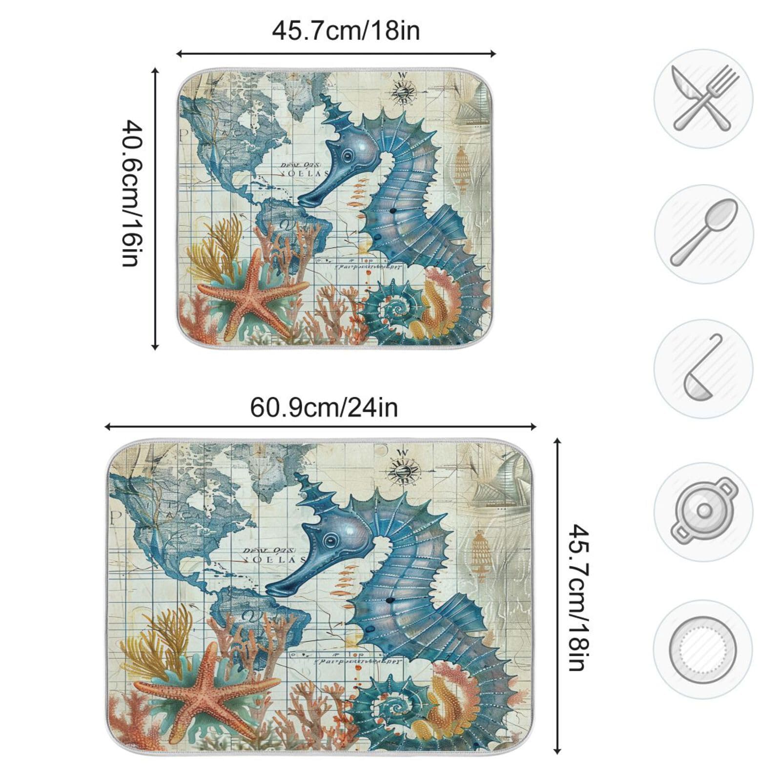 Retro Map Microfiber Dish Drying Mat 16x18in - Absorbent Kitchen Counter Mat for Fast Drainage | Perfect for Coastal-Themed Kitchens