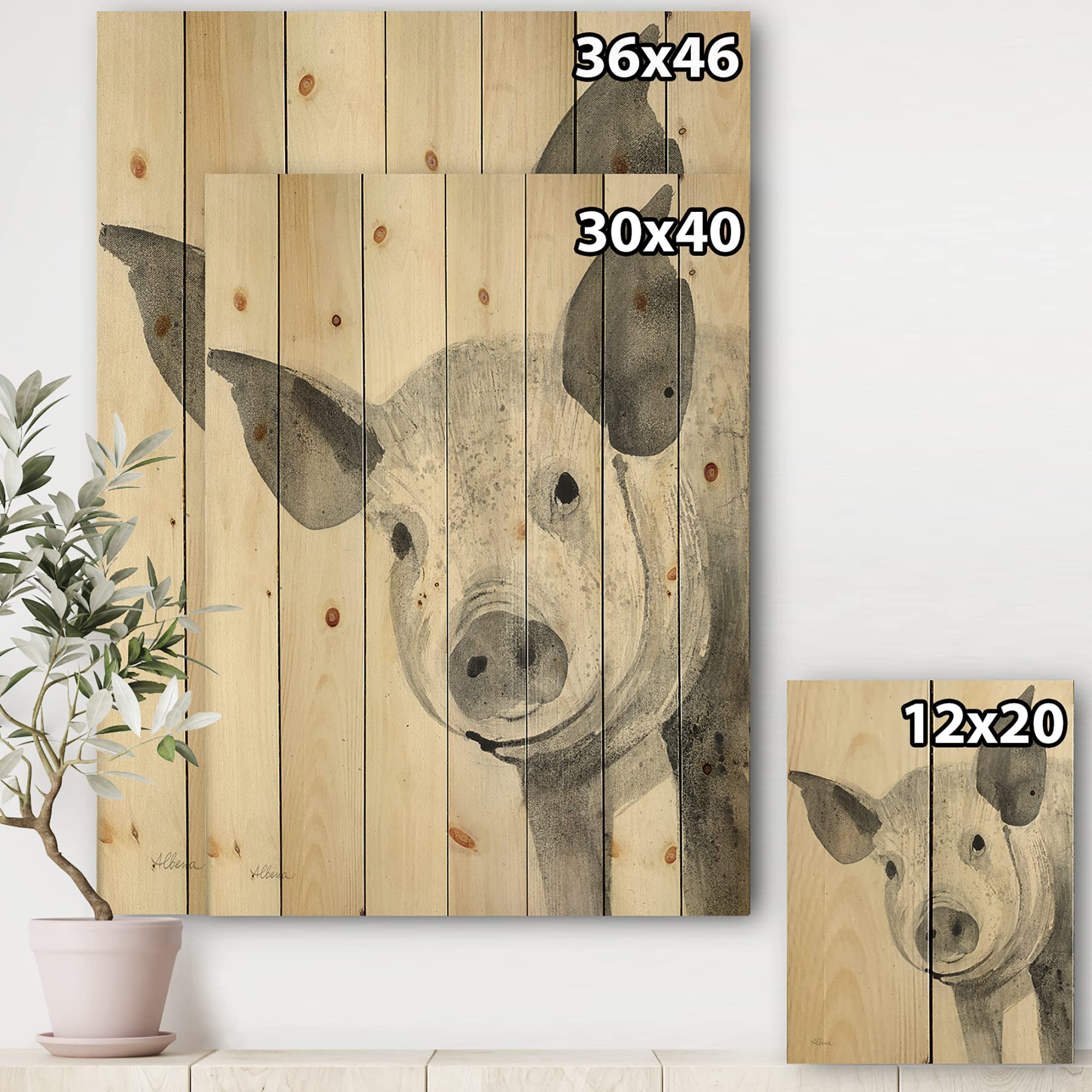 DesignQ Black & White Piglet Farmhouse Wood Wall Decor - Grey Wood Wall Art with Large Animal Prints on Natural Pine - Perfect for Farmhouse, Rustic & Country Home Decor
