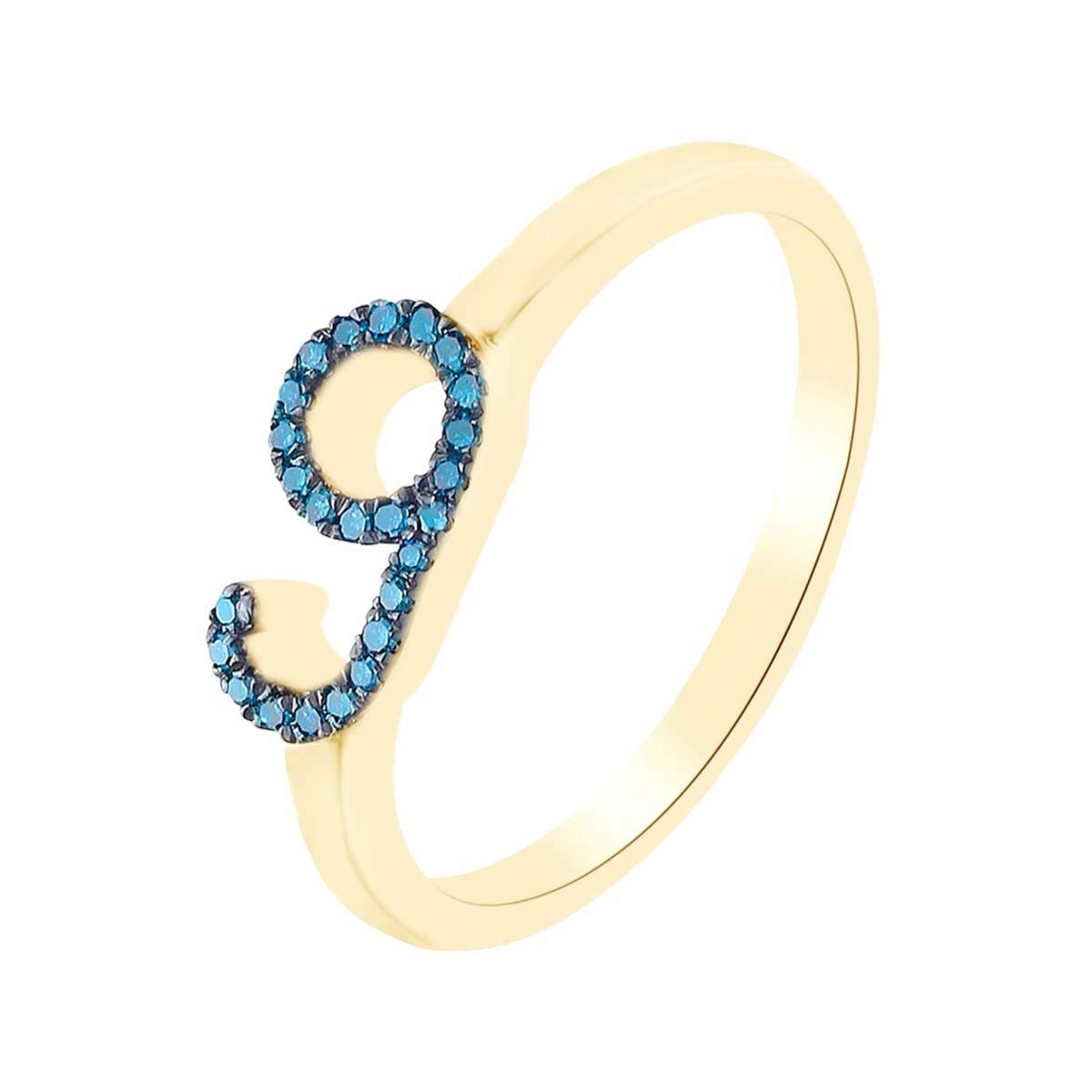 14K Gold Over Sterling Silver Round Cut Blue Natural Diamond Accent Stackable Number 9 Ring - Perfect for Anniversary Gifts, Birthday Presents & Everyday Elegant Jewelry