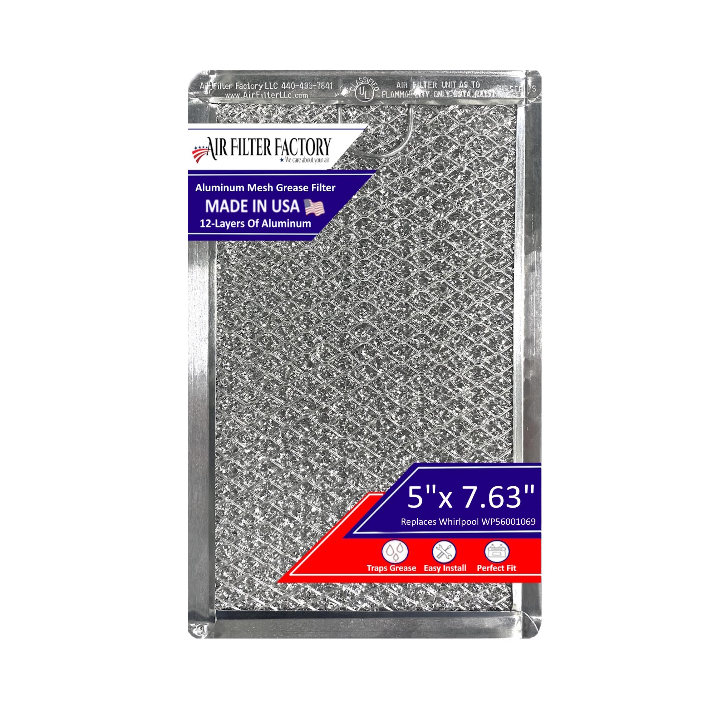 Whirlpool WP56001069 Microwave Oven Air Filter Replacement - 5 x 7.63 x 0.09 Inches, 12-Layer Aluminum Mesh Grease Filter, 2-Pack - Perfect for Kitchen Ventilation & Smoke Reduction