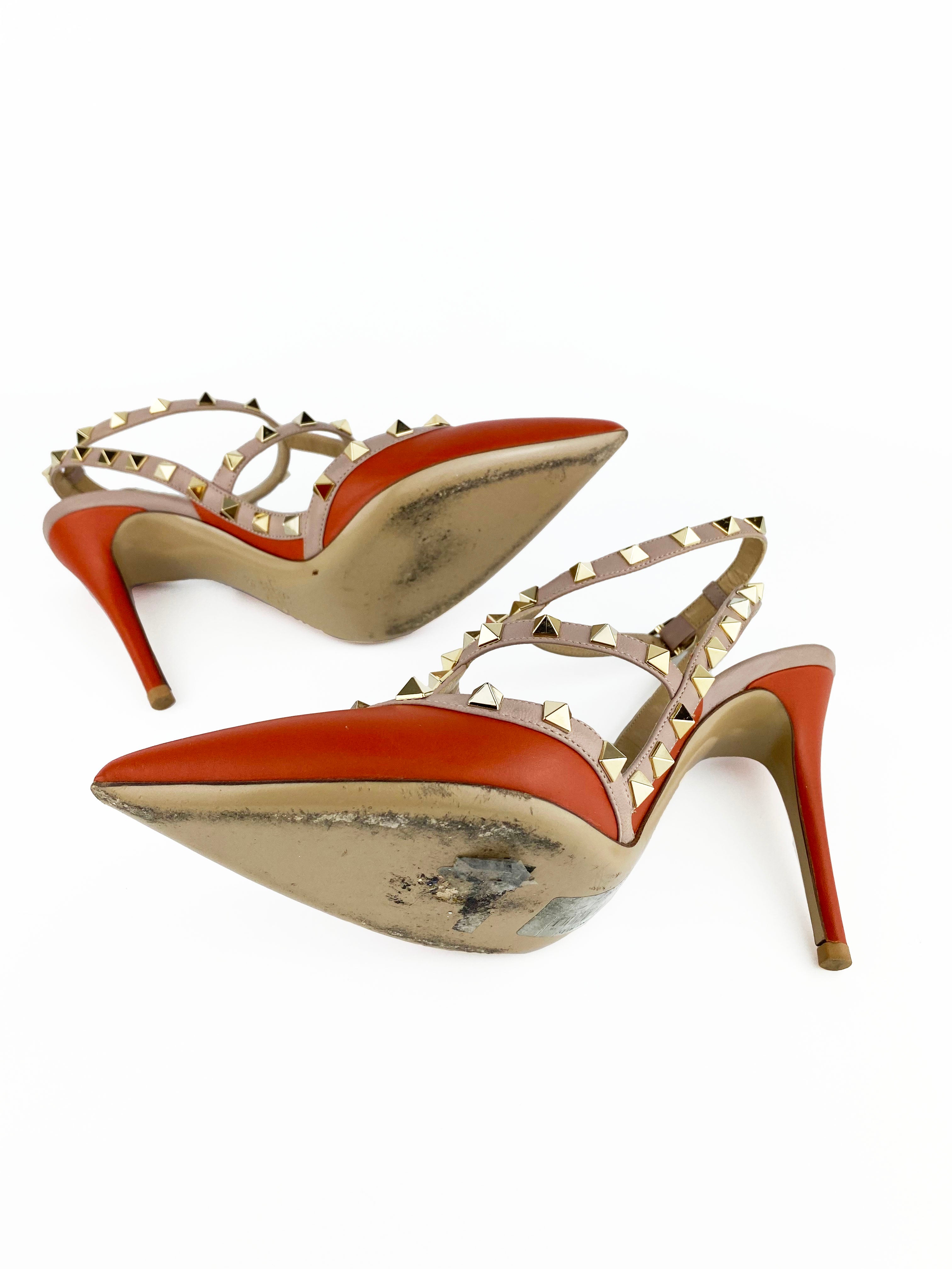 Valentino Rockstud Orange Leather Pumps Size 38 - Women's Luxury High Heels for Parties, Weddings & Special Occasions