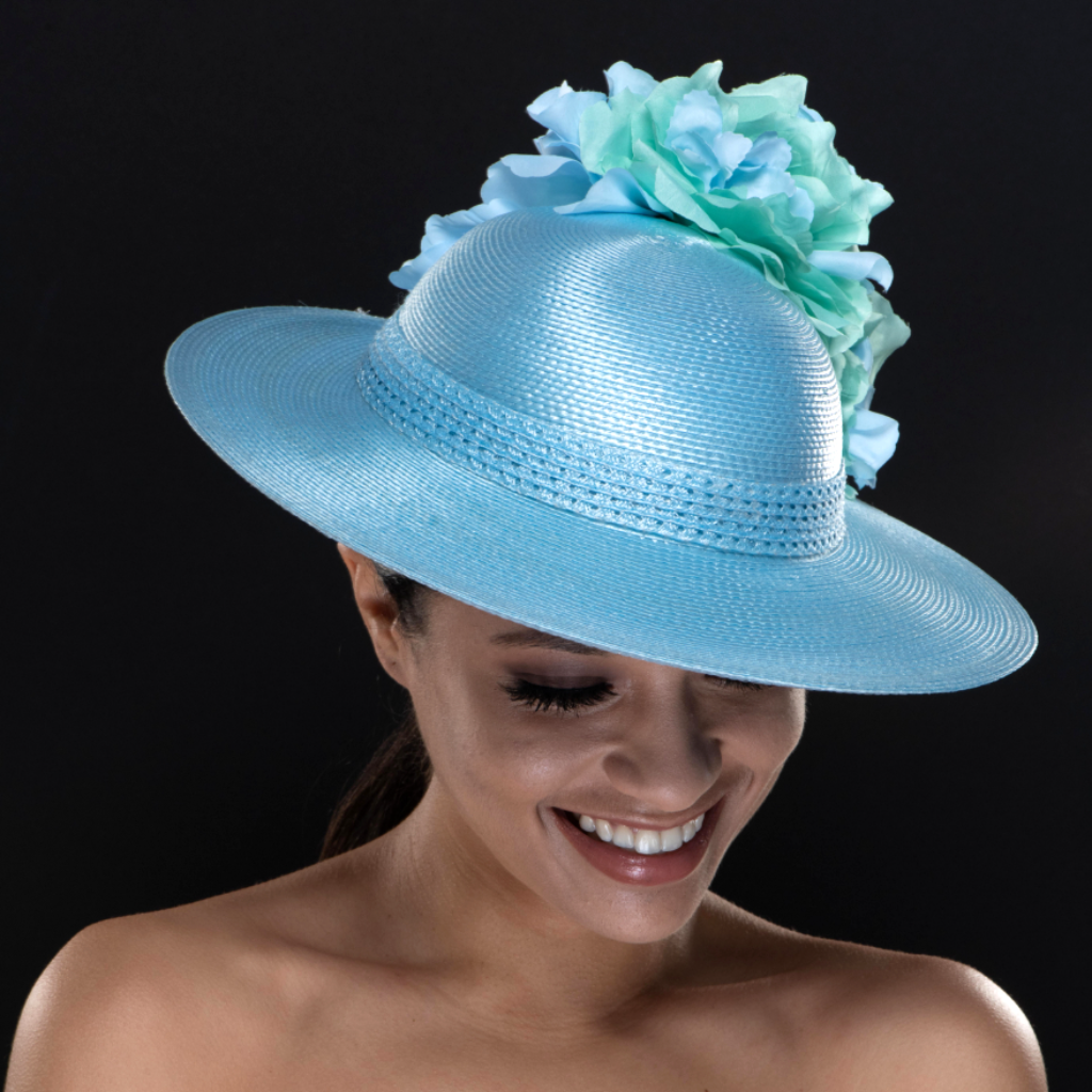 NA0048 Baby Blue Dress Hat with Assorted Flowers - Adorable Newborn Photoshoot & Christening Accessory