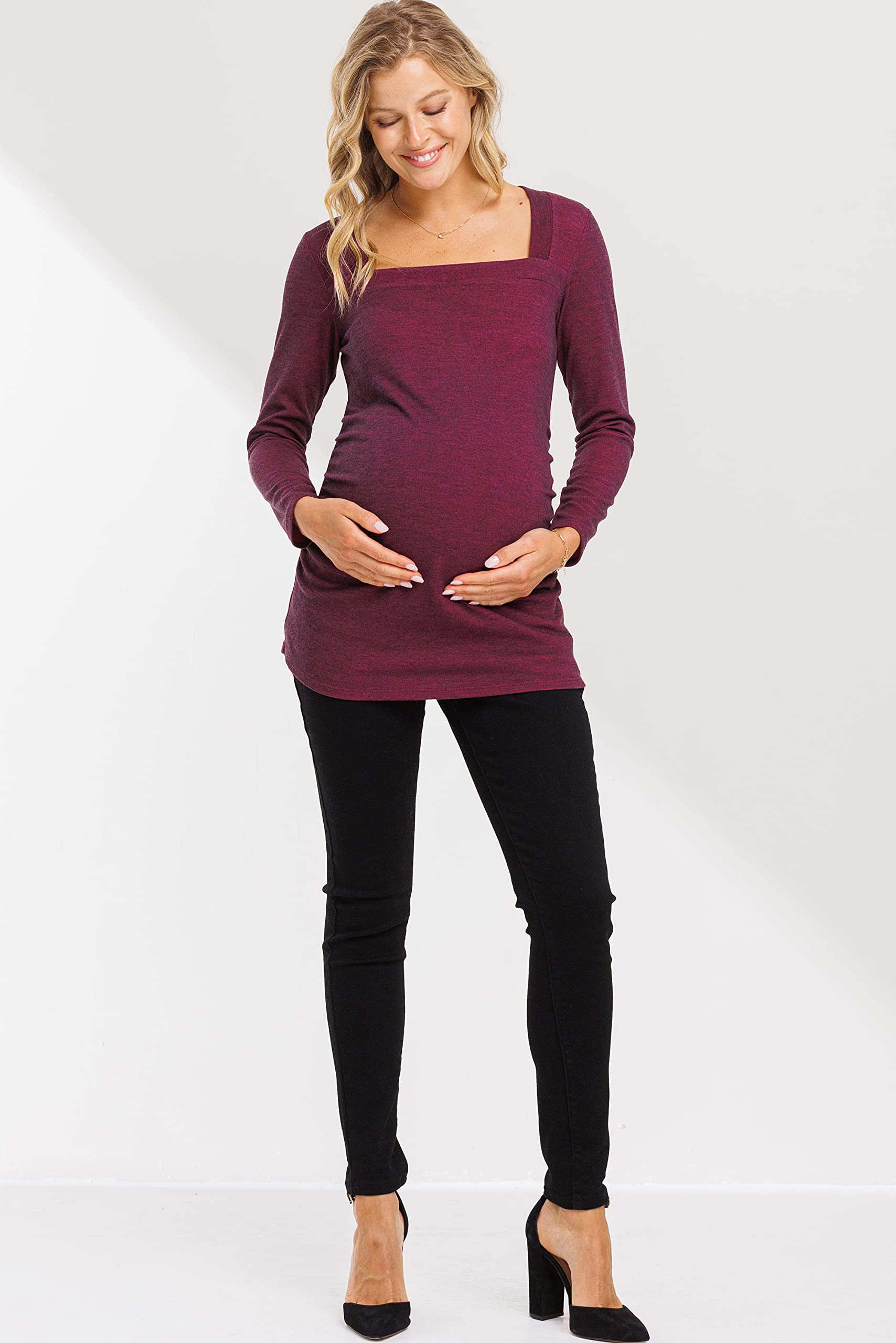 LaClef Women's Square Neck Long Sleeve Ruched Maternity Top - Stretchy Pregnancy Shirt for Work & Casual Wear