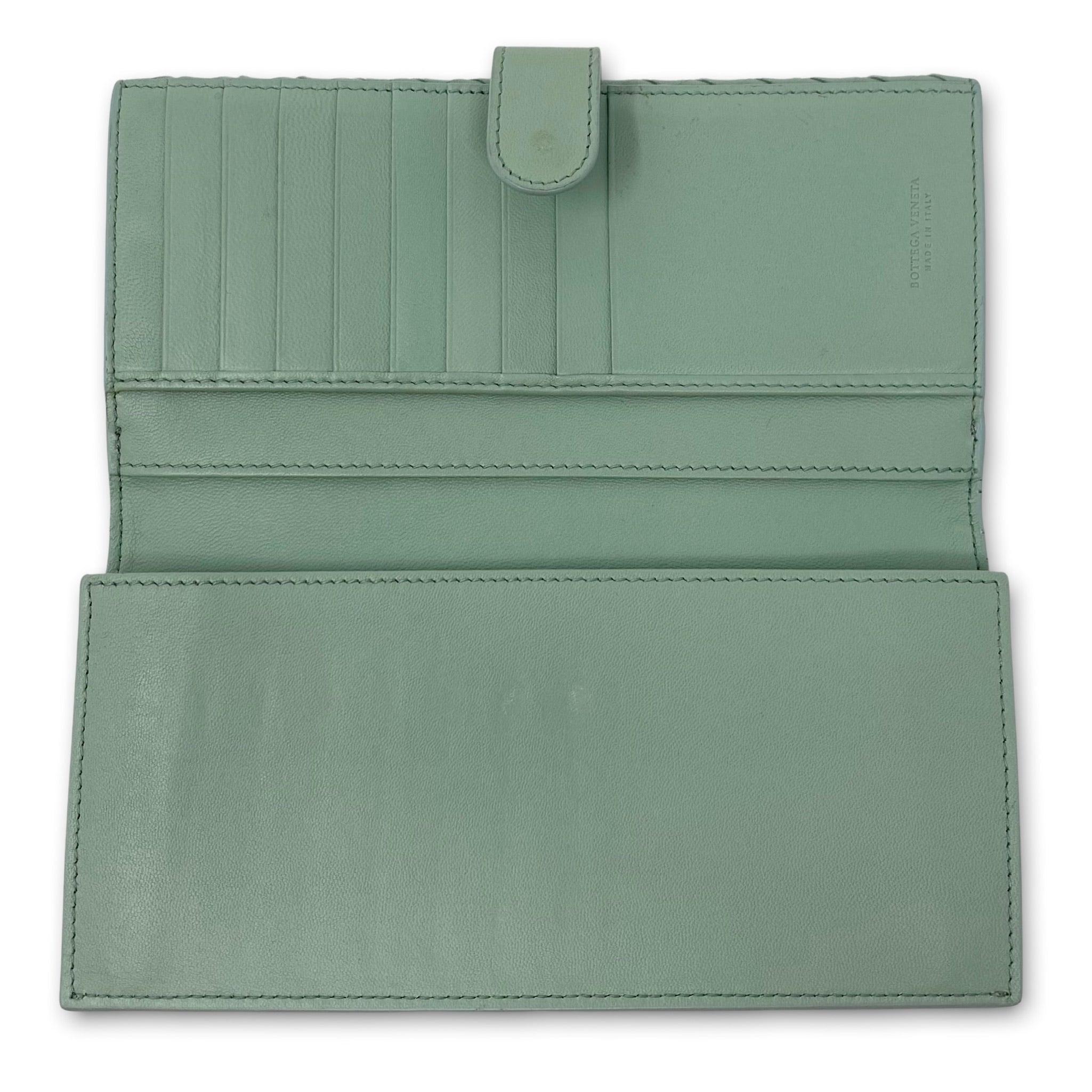 Bottega Veneta Green Nappa Intrecciato Long Leather Wallet for Women - Luxury Slim Card Holder & Cash Organizer - Perfect for Everyday Use and Travel