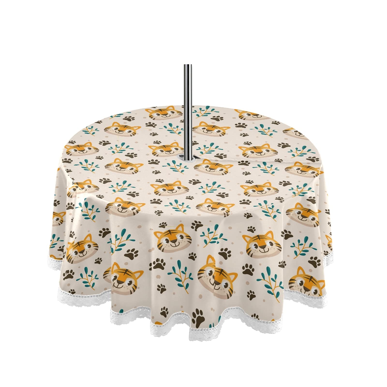 Sinestour Cute Tiger Print Outdoor Tablecloth with Umbrella Hole & Zipper - Waterproof Picnic Table Cover for Spring Summer Garden Party, Patio Decor - Machine Washable for Easy Cleaning | Perfect for BBQs, Picnics, and Outdoor Dining