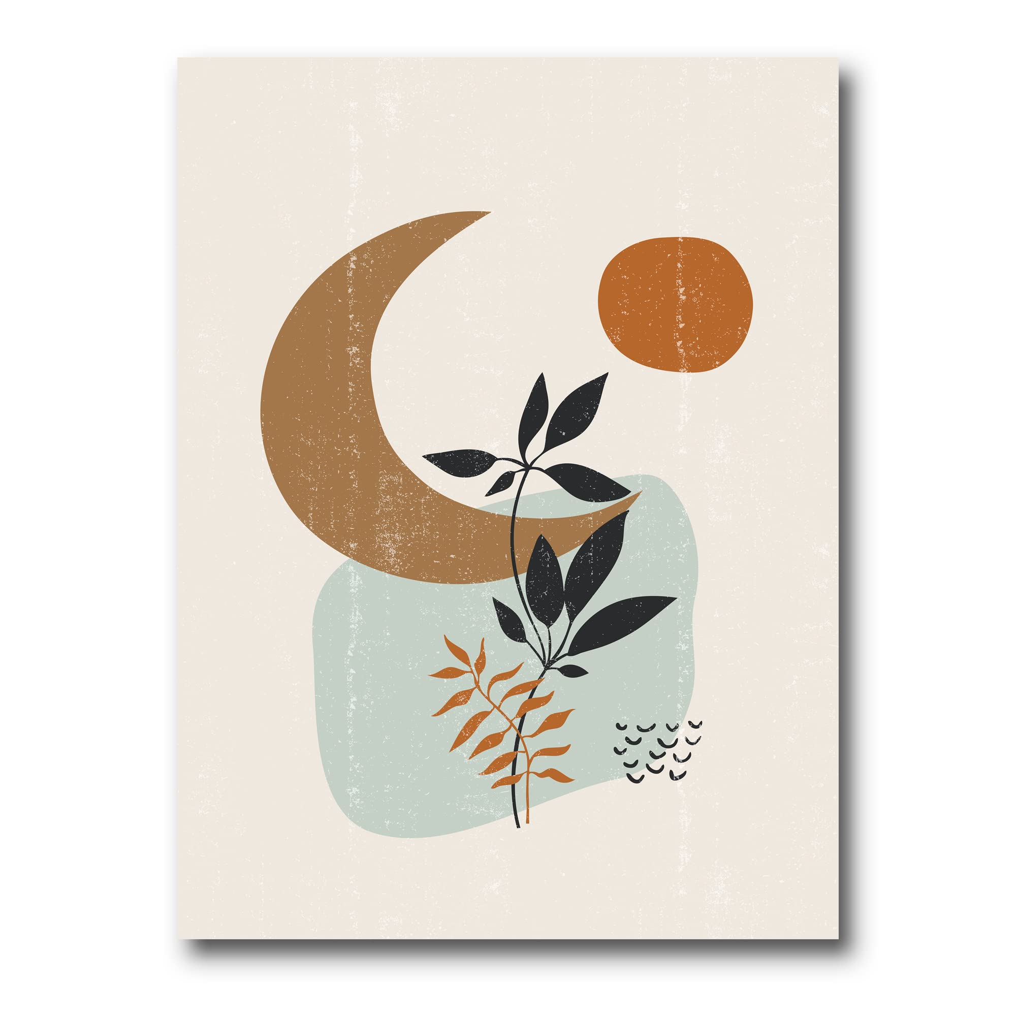 Abstract Sun & Moon with Minimal Plants Modern Canvas Wall Art - Contemporary Home Decor for Living Room, Bedroom & Office