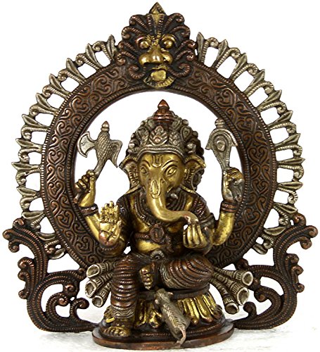Exotic India Seated Ganesha Statue with Floral Aureole & Kirtimukha Atop - Handcrafted Hindu God Idol for Home Altar, Meditation Room & Spiritual Decor