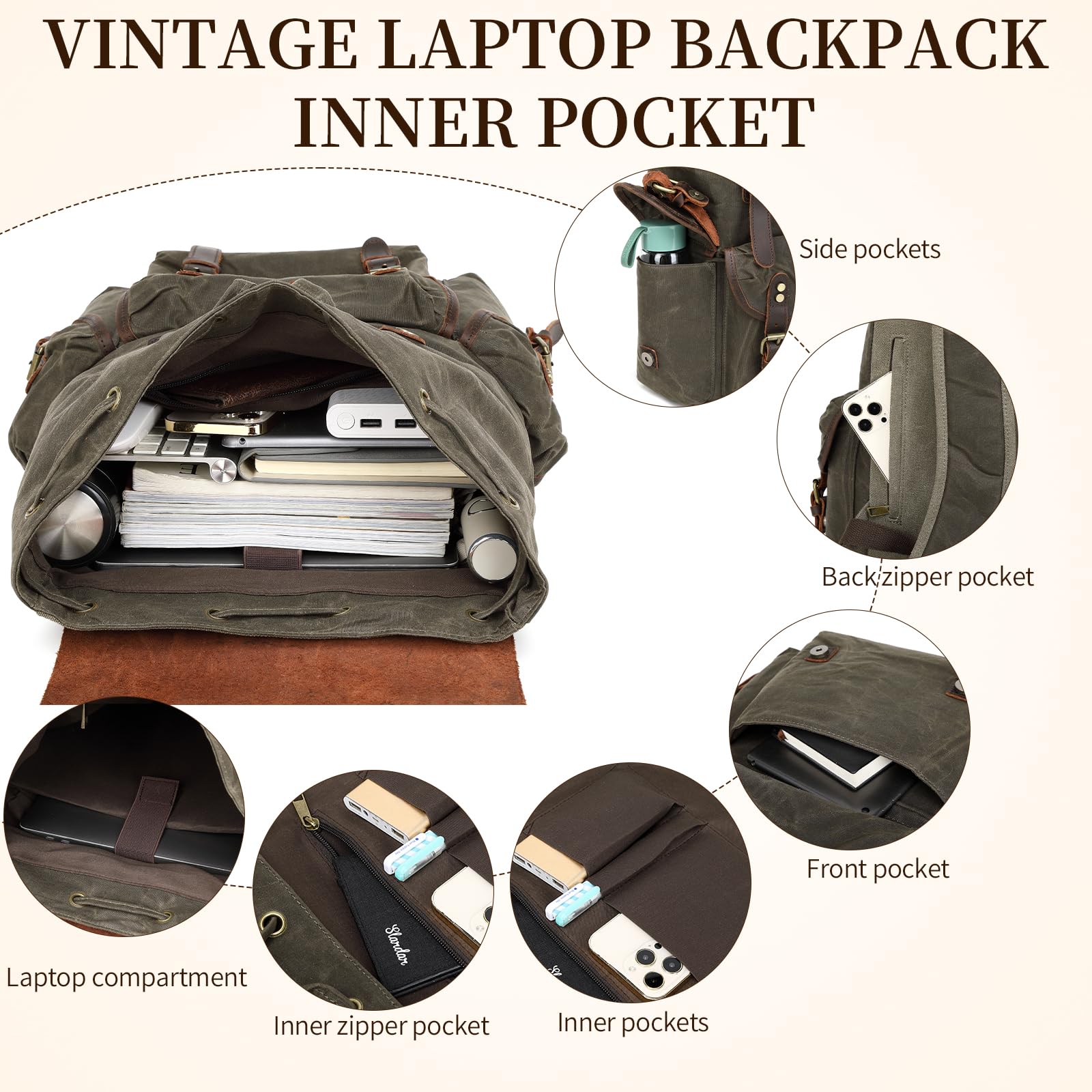 **Genuine Leather & Waxed Canvas Vintage Backpack for Men - Durable Shoulder Rucksack with Toiletry Bag - Perfect for Travel, Camping, Hiking & Daily Commute (Army Green)**