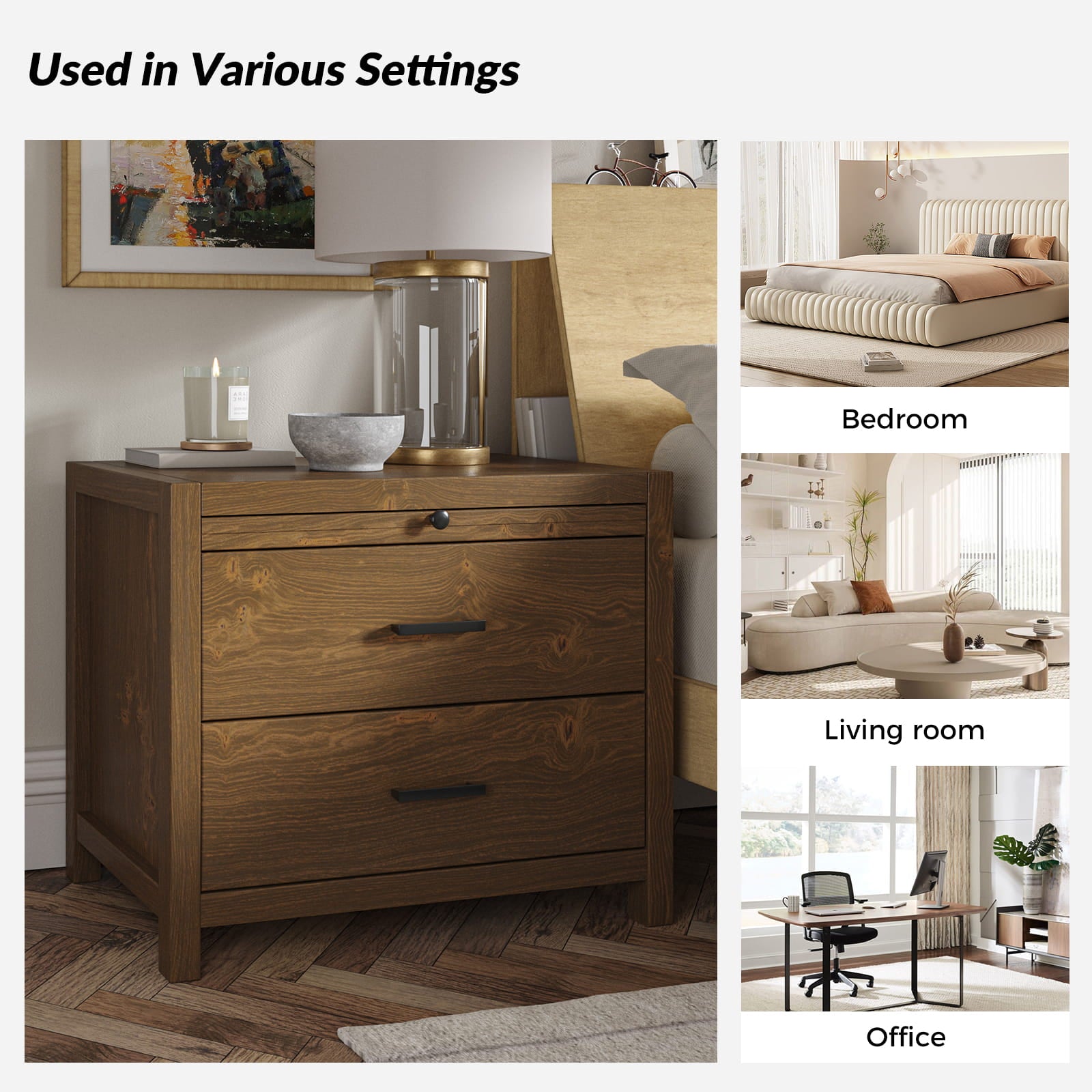 Galatea Simplicity Nightstand with Extendable Tray - Modern Bedside Table with Optional Storage Tray for Bedroom, Living Room or Office Use