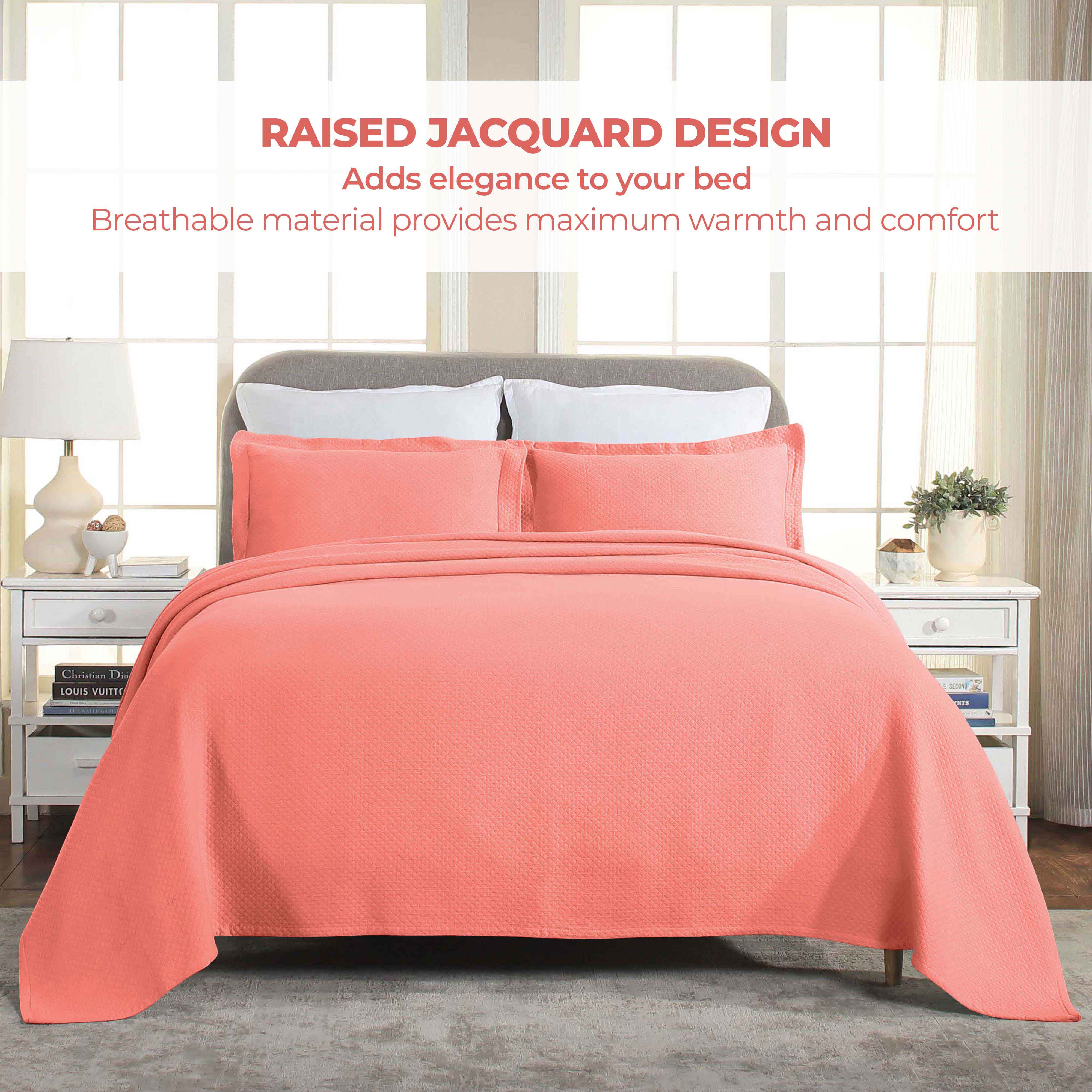 Luxury Jacquard Matelassé Cotton Diamond Solitaire Bedspread Set - Queen Size Bedding Coverlet for Master Bedroom, Guest Room & Hotel Decor