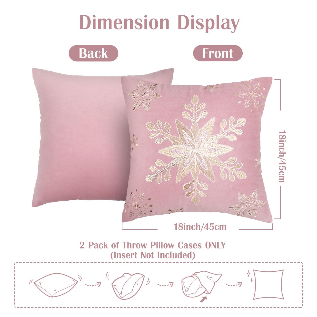 Lewondr 18x18 Inch Christmas Throw Pillow Covers Set of 2 - Embroidered Snowflake Velvet Decorative Pillowcases for Sofa, Couch, Bed, Living Room - Soft Square Home Decor in Pink - Perfect for Holiday Decorations & Cozy Winter Nights