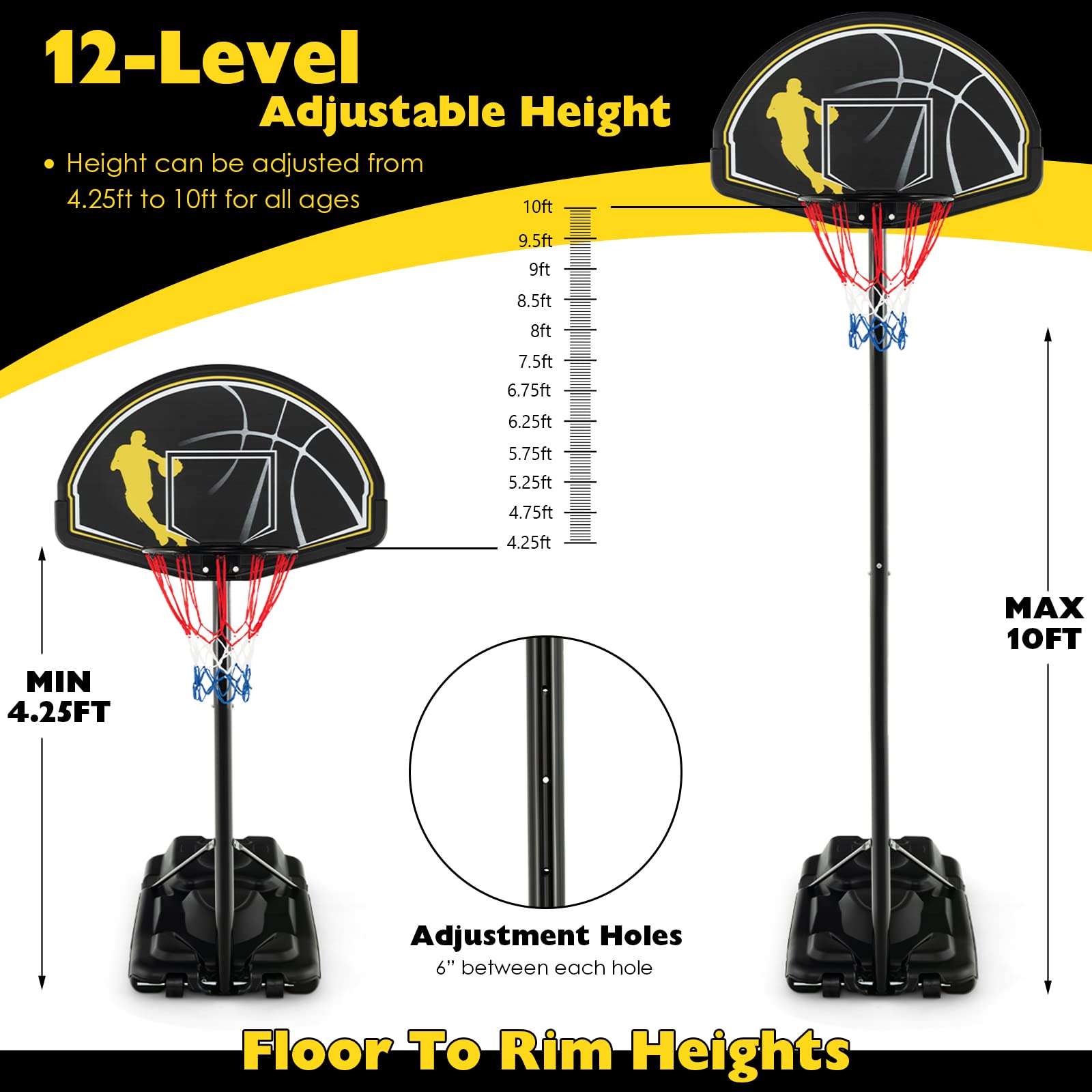 Adjustable Basketball Hoop 4.25-10FT - Portable Indoor/Outdoor Goal with Shatterproof Backboard for Kids & Adults - Perfect for Driveway & Backyard Play