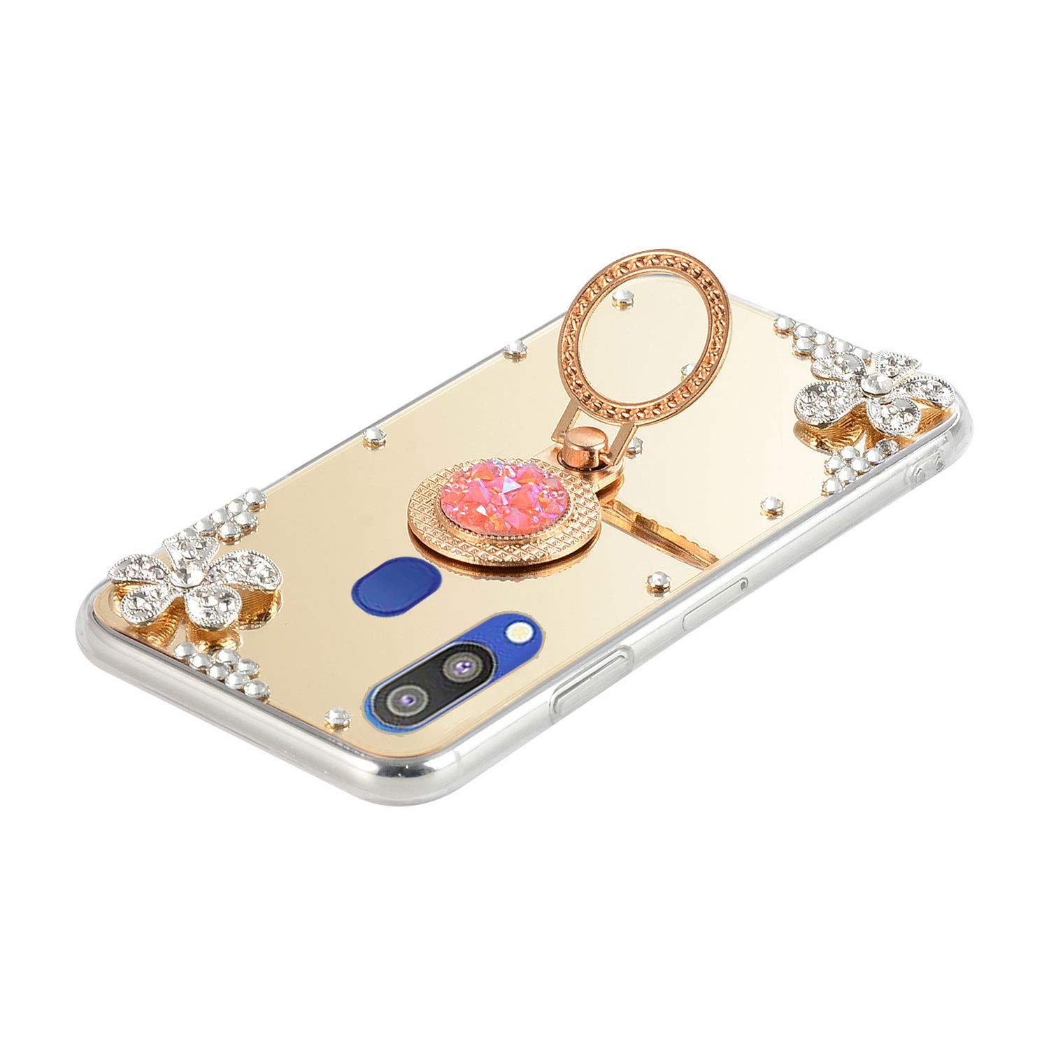 Stylish Mirror Gold Glitter Rhinestone Flower Case with Ring Kickstand & Finger Holder for Samsung Galaxy A20/A30 - Perfect for Makeup, Selfies & Everyday Protection