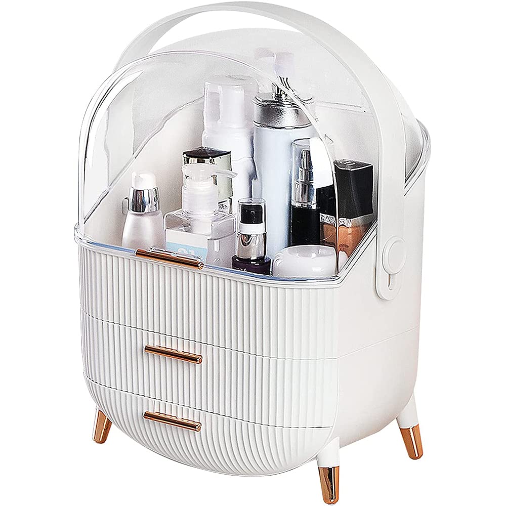 Portable Makeup Organizer with Dust-Free Cover & Waterproof Lid - Cosmetic Storage Box with Handle, Dust-Proof Drawers - Perfect for Bathroom, Dresser, Vanity & Travel (White)