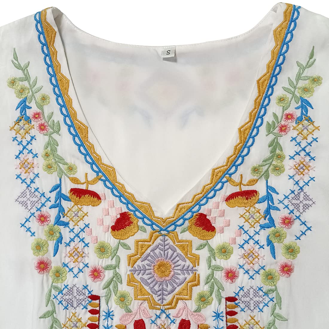 AK Women's Embroidered 3/4 Sleeve V-Neck Peasant Tunic Blouse - Traditional Mexican Style Summer Top for Casual Wear, Festivals & Boho Outfits