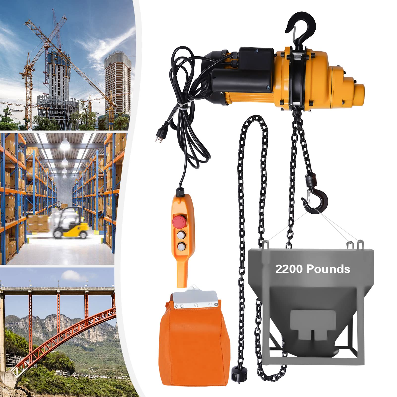 2200LBS Electric Chain Hoist with 3m Wired Remote Control - 110V Overhead Crane for Garage & Workshop - 1500W Heavy Duty Lifting System with Emergency Stop - 13ft Max Lifting Height - Perfect for Automotive Repair, Construction & Industrial Applications