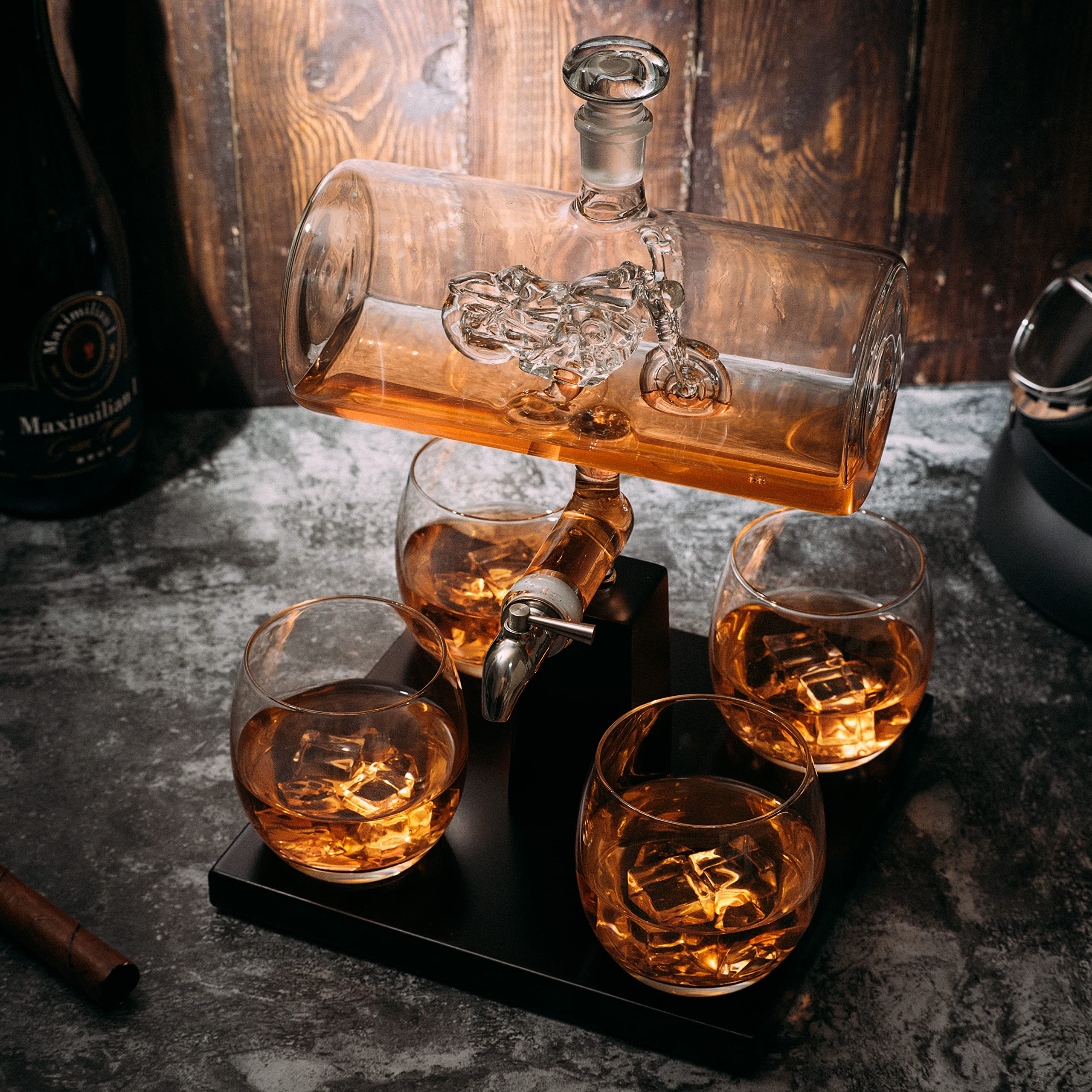 Motorcycle Whiskey & Wine Decanter Set with 4 Glasses - Premium Bourbon Scotch Liquor Dispenser - Unique Motorcycle Gifts for Men, Dad, Birthday - Perfect for Home Bars, Man Caves & Biker Enthusiasts