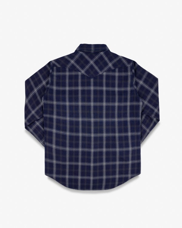 Iron Heart IHSH 411 9oz Selvedge Indigo Check Flannel Western Shirt for Men - Black Plaid Workwear Shirt for Casual & Outdoor Wear