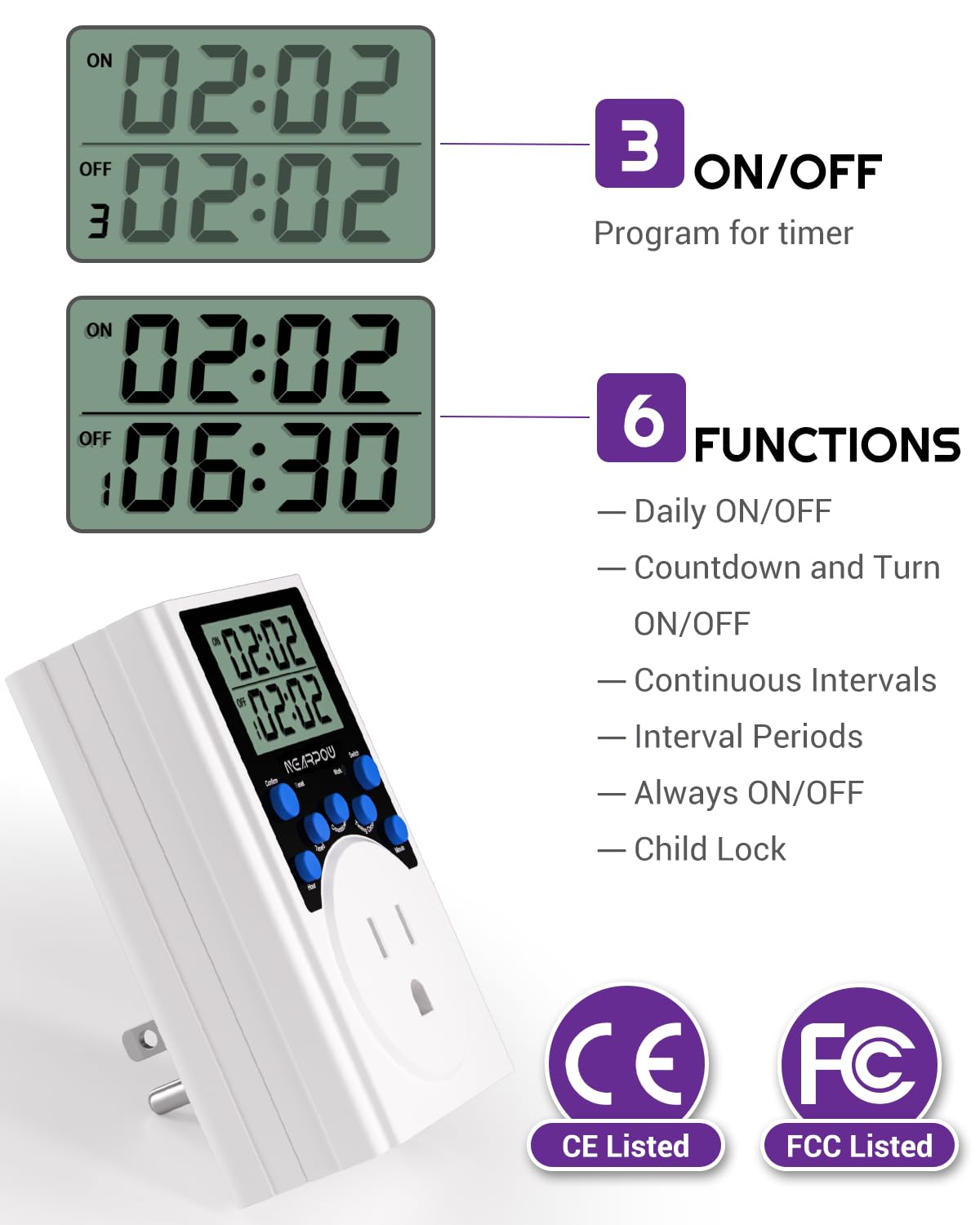 Nearpow Programmable Digital Timer Switch - 15A/1800W 3-Prong Outlet, Infinite Cycle Multifunctional Plug-in Timer for Lights, Appliances & Holiday Decorations - Perfect for Home, Office & Outdoor Use