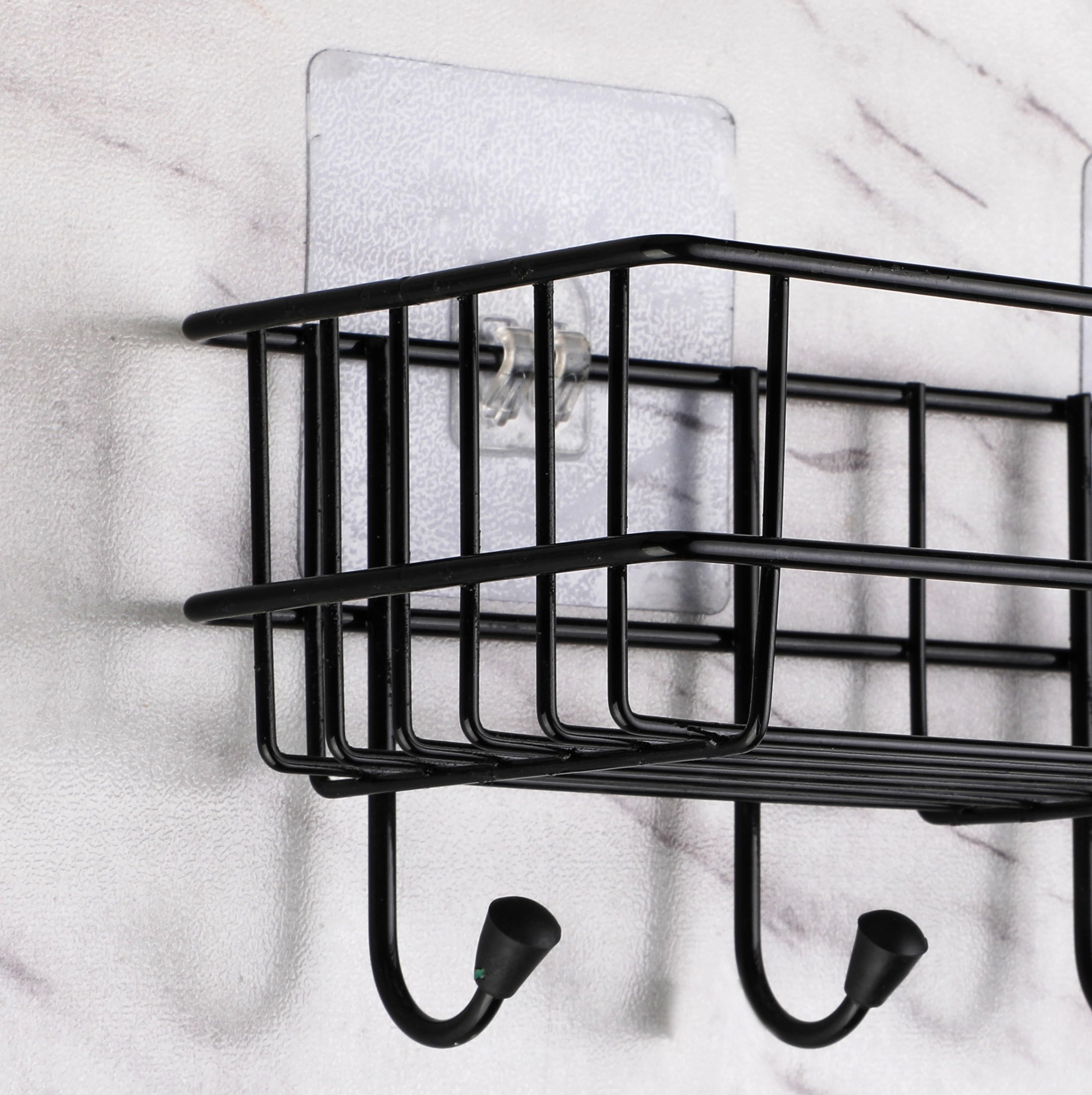 iSTAR GI Steel Self-Adhesive Bathroom Shelf with Hooks - Wall Mounted Towel Holder & Storage Rack - Space Saving Bathroom Organizer for Shower, Toilet & Kitchen (Black, Powder Coated, Pack of 1)