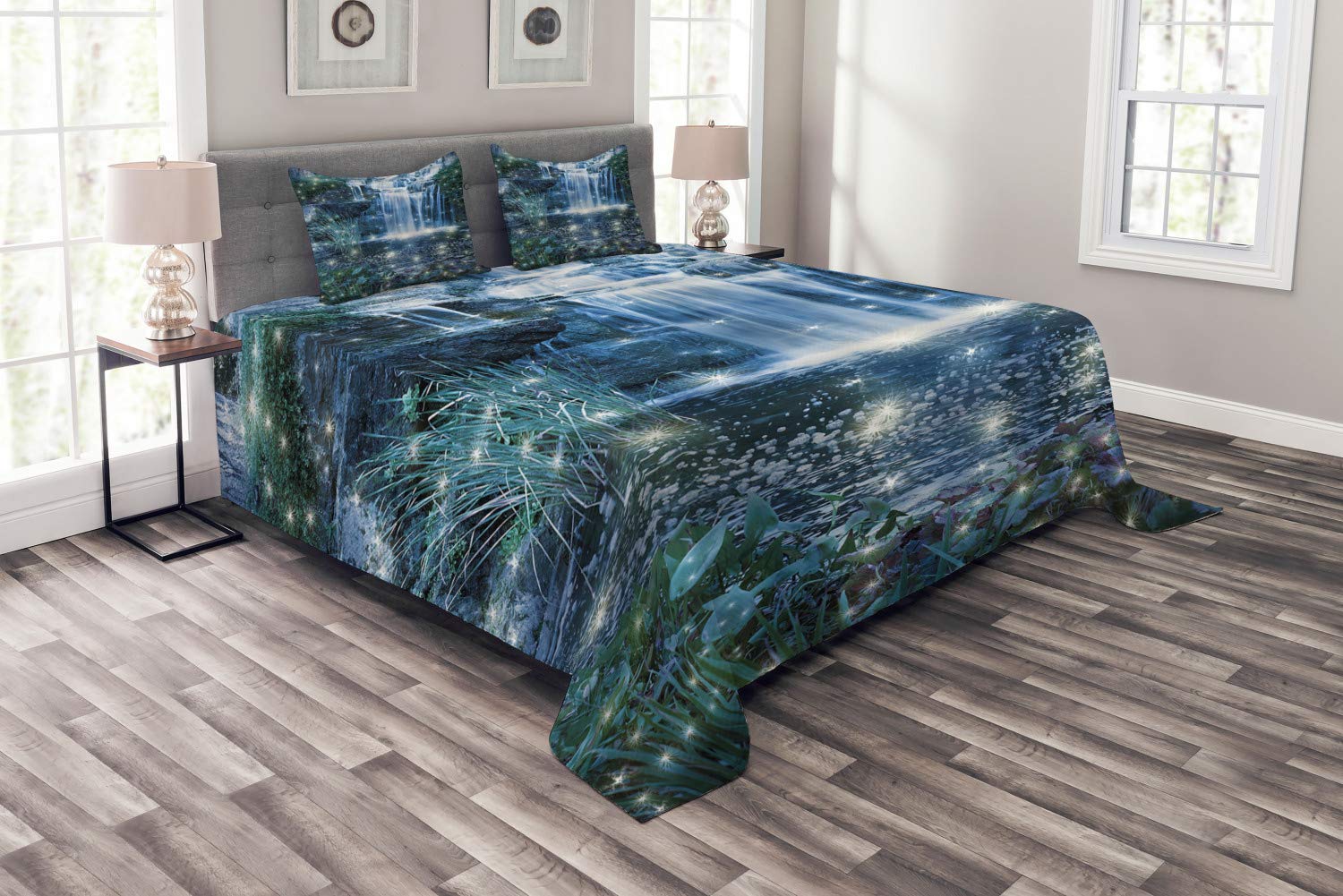 Ambesonne Magic 3-Piece King Size Bedspread Set with Water Landscape Print - Includes Decorative Coverlet & 2 Pillow Shams in Grey Green | Perfect for Master Bedroom, Guest Room & Coastal Themed Decor