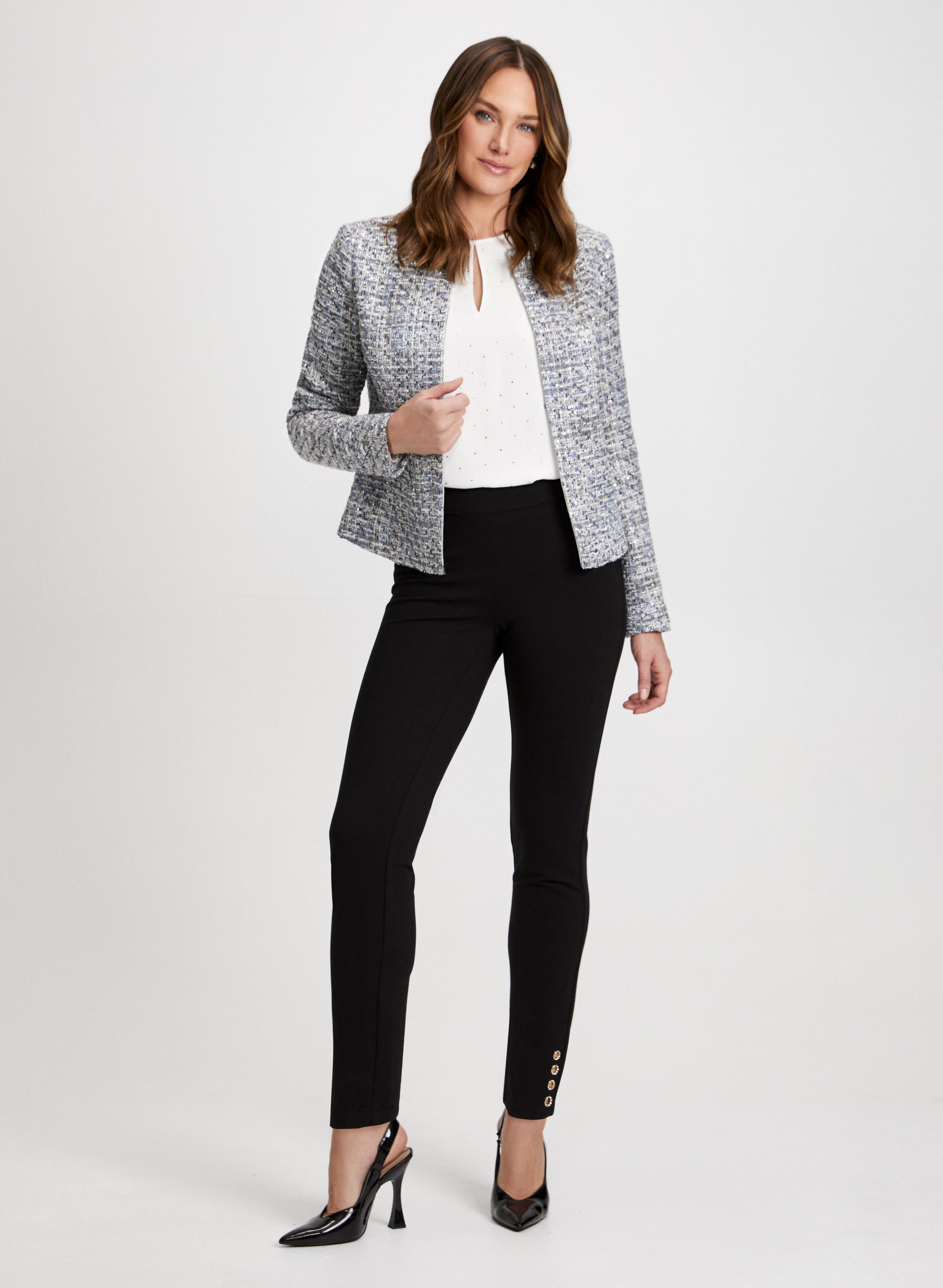 Bouclé Knit Jacket & Rhinestone Embellished Jeans Set for Women - Trendy Outfits for Date Night, Party, and Casual Wear