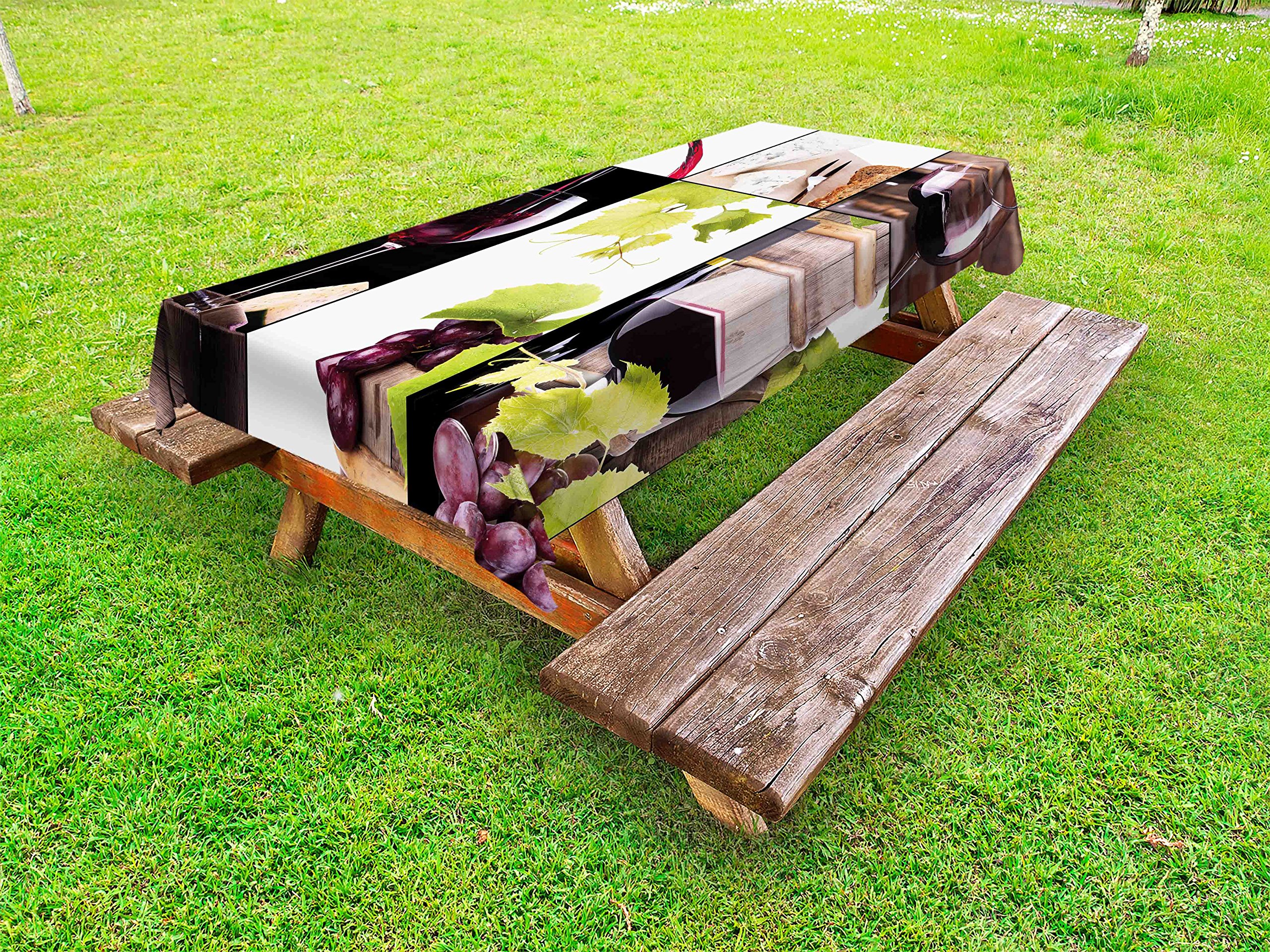 Ambesonne Wine Themed Outdoor Tablecloth - 58x120 Inch Washable Picnic Table Cover with Wine Bottle, Glass & Grape Design in Burgundy, Pale Green & White | Perfect for Backyard BBQs, Garden Parties & Picnics