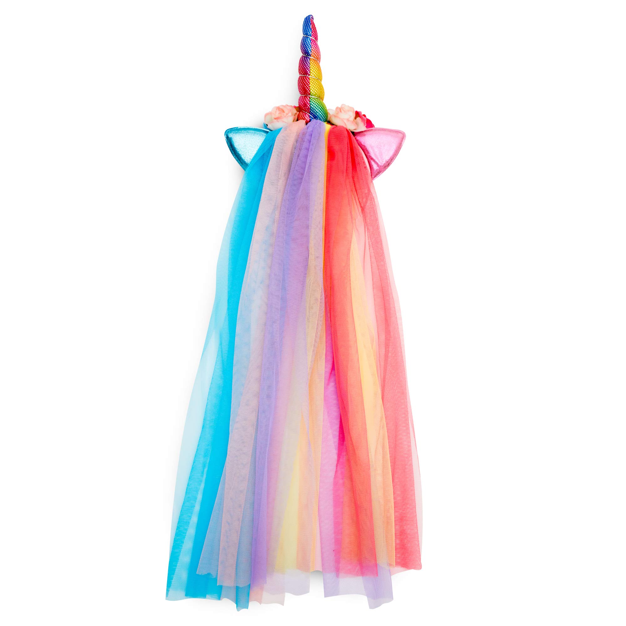 Unicorn Headband with Tulle Mane & Flowers - Rainbow Hair Accessory for Women, Girls & Teens | Perfect for Birthday Parties, Cosplay & Festivals